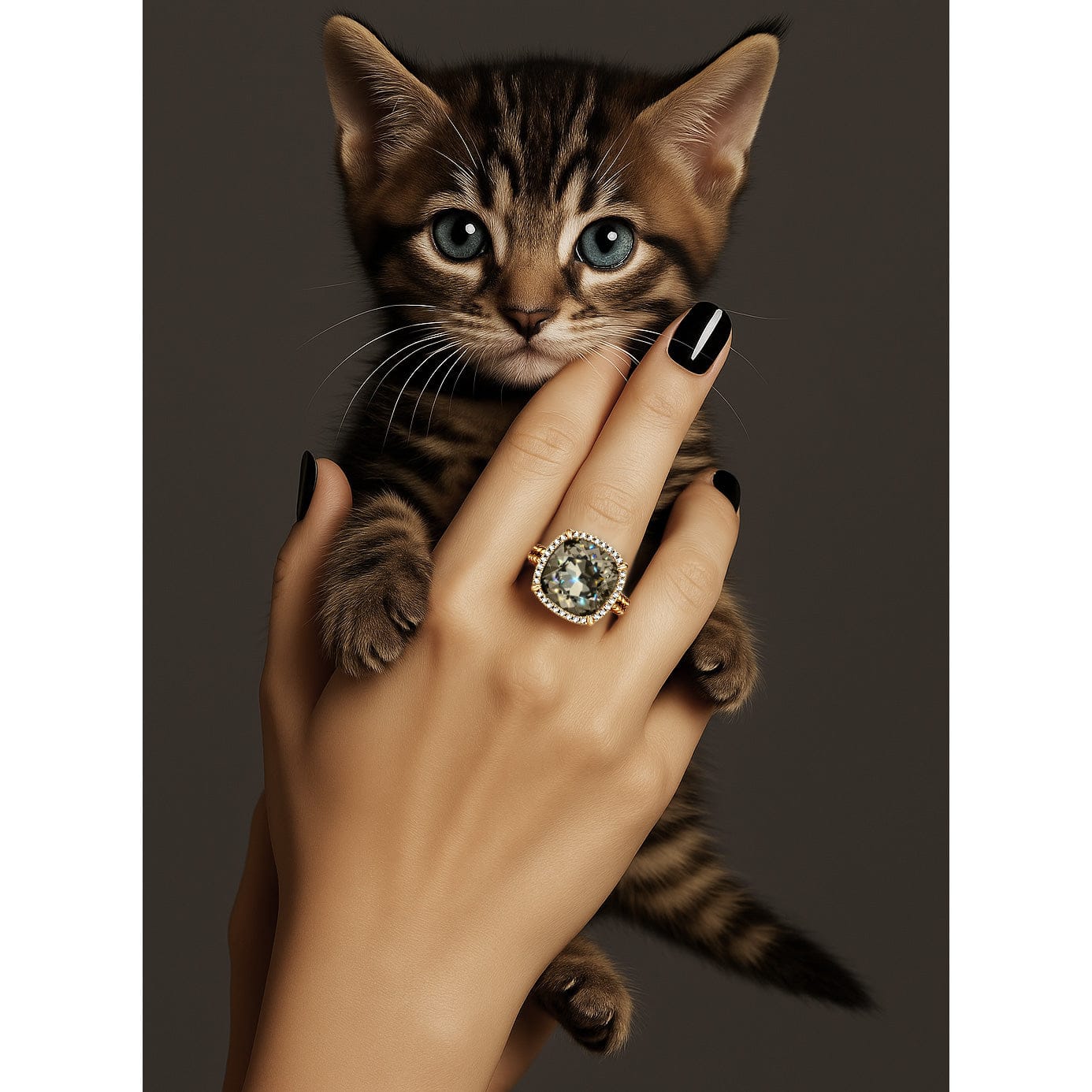 Created With Swarovski® Crystals - Cushion Modified Brilliant Cut Black Diamond Color Halo Classic Engagement Ring 14K Yellow Gold Plated