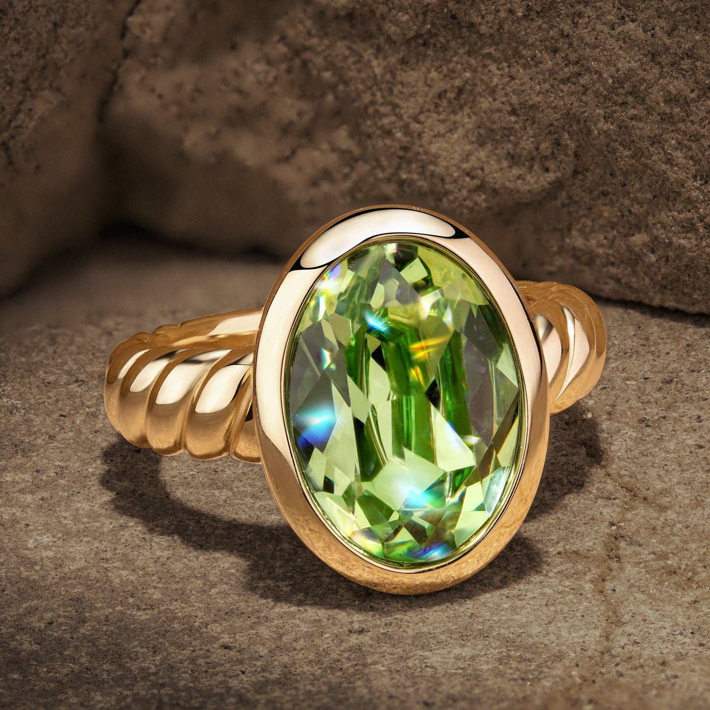 Created With Swarovski® Crystals - Oval Modified Brilliant Cut Peridot Color Classic Engagement Ring 14K Yellow Gold Plated
