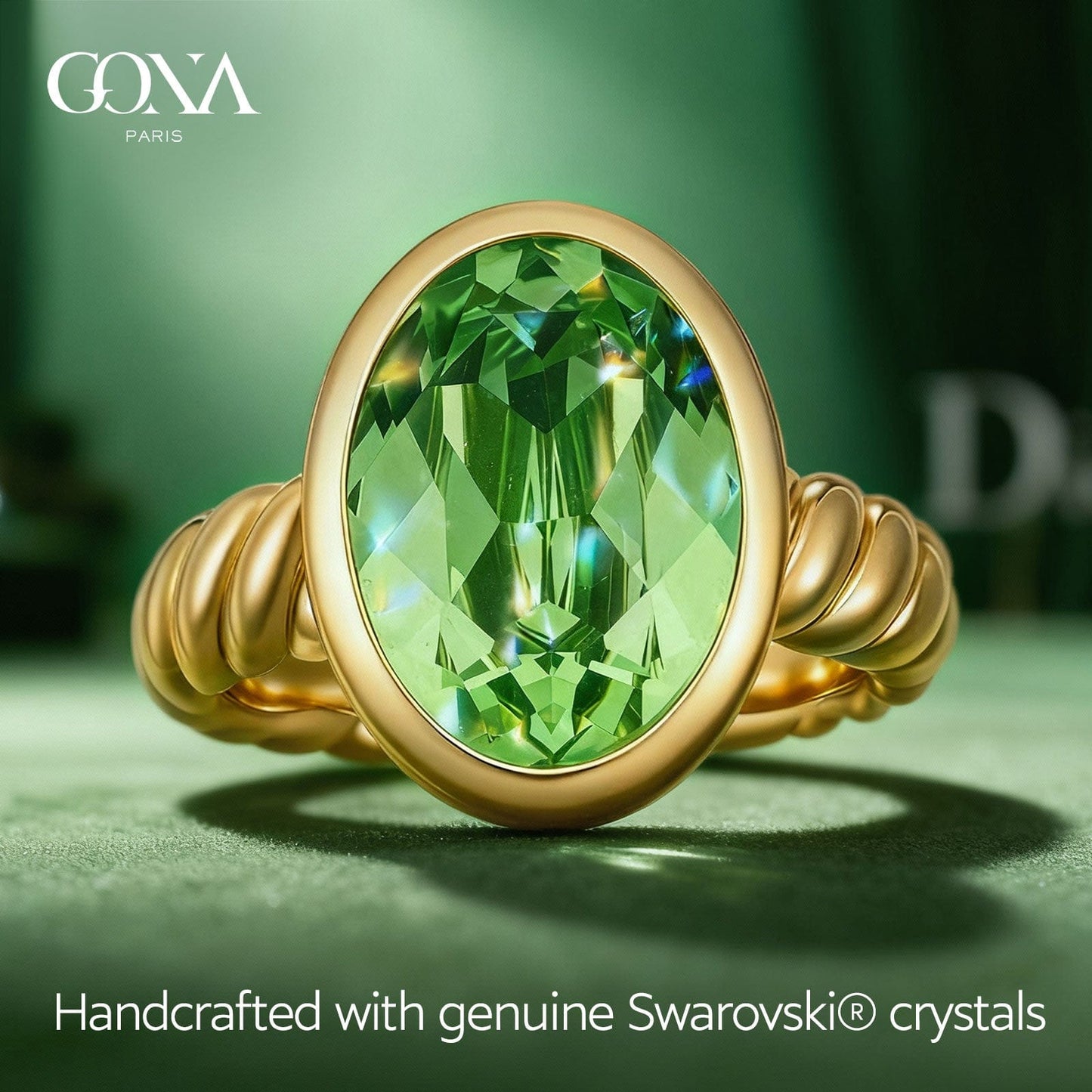 Created With Swarovski® Crystals - Oval Modified Brilliant Cut Peridot Color Classic Engagement Ring 14K Yellow Gold Plated