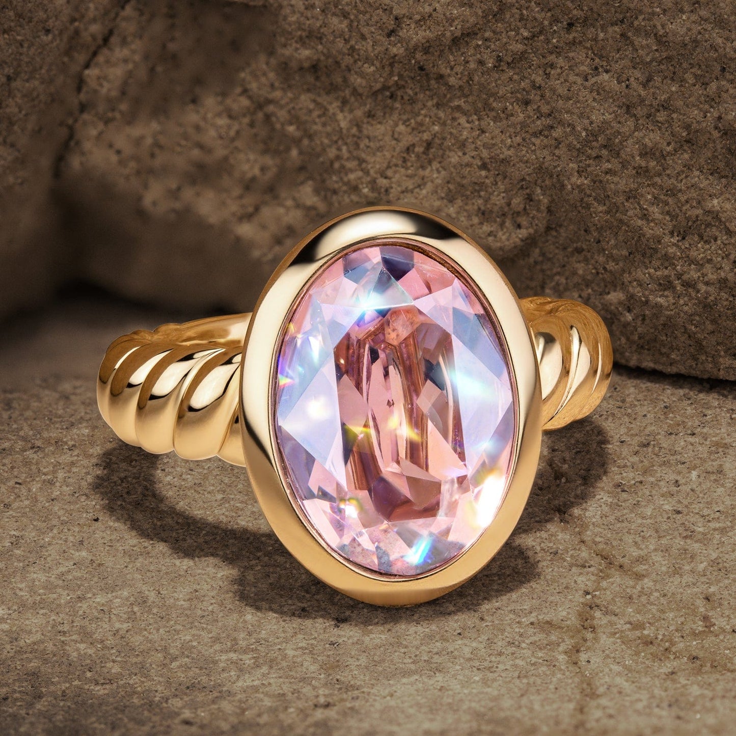 Created With Swarovski® Crystals - Oval Modified Brilliant Cut Violet Moonlight Color Classic Engagement Ring 14K Yellow Gold Plated