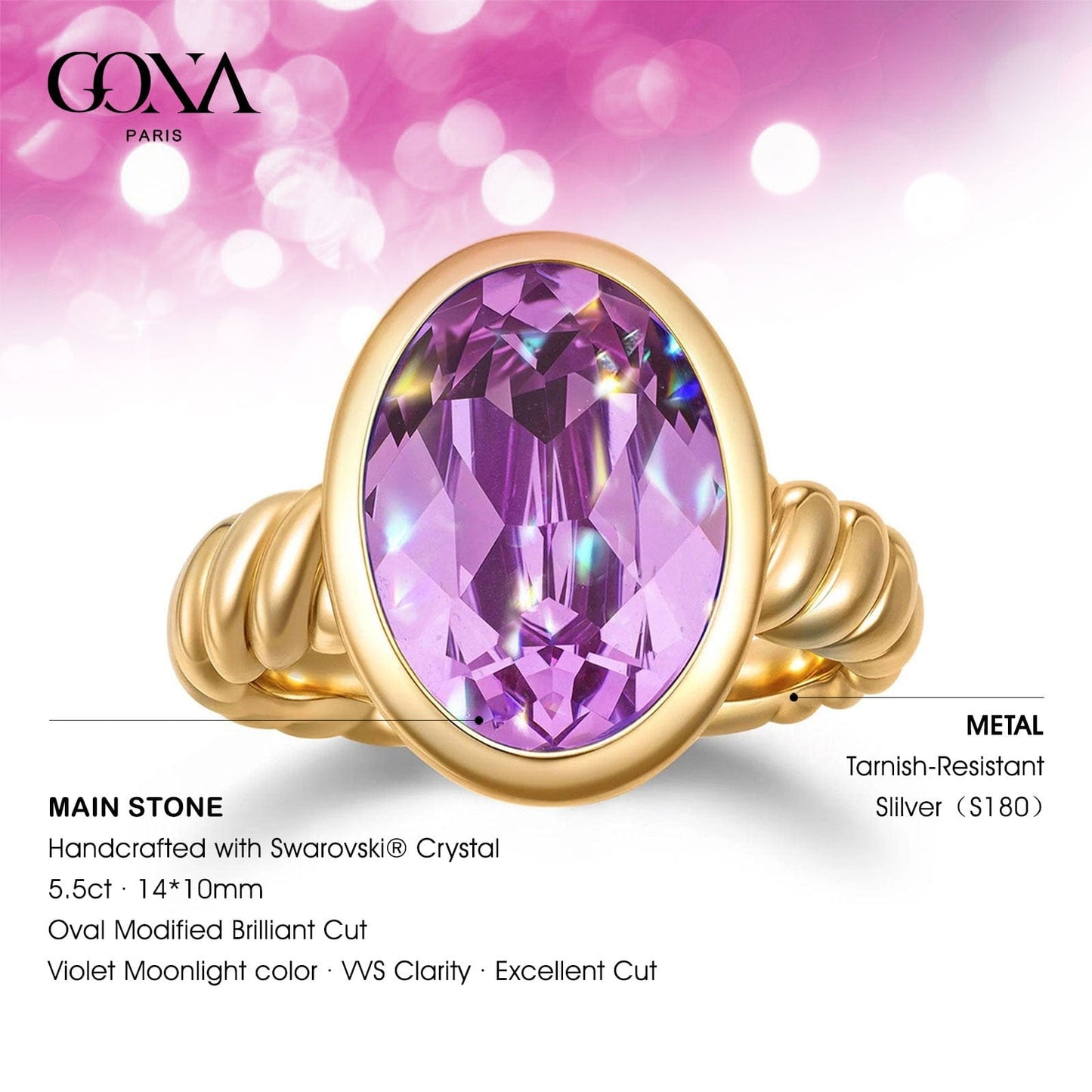 Created With Swarovski® Crystals - Oval Modified Brilliant Cut Violet Moonlight Color Classic Engagement Ring 14K Yellow Gold Plated