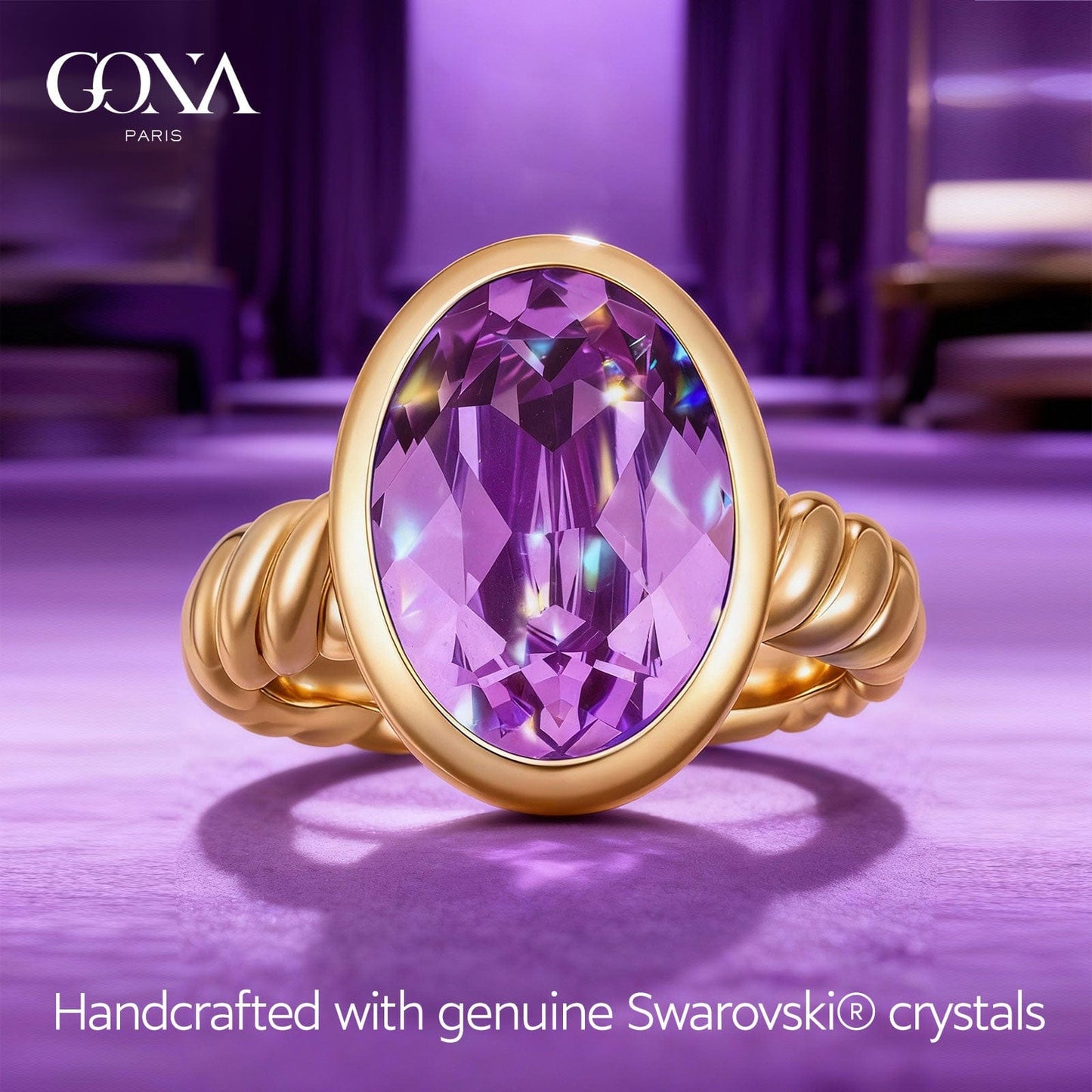 Created With Swarovski® Crystals - Oval Modified Brilliant Cut Violet Moonlight Color Classic Engagement Ring 14K Yellow Gold Plated