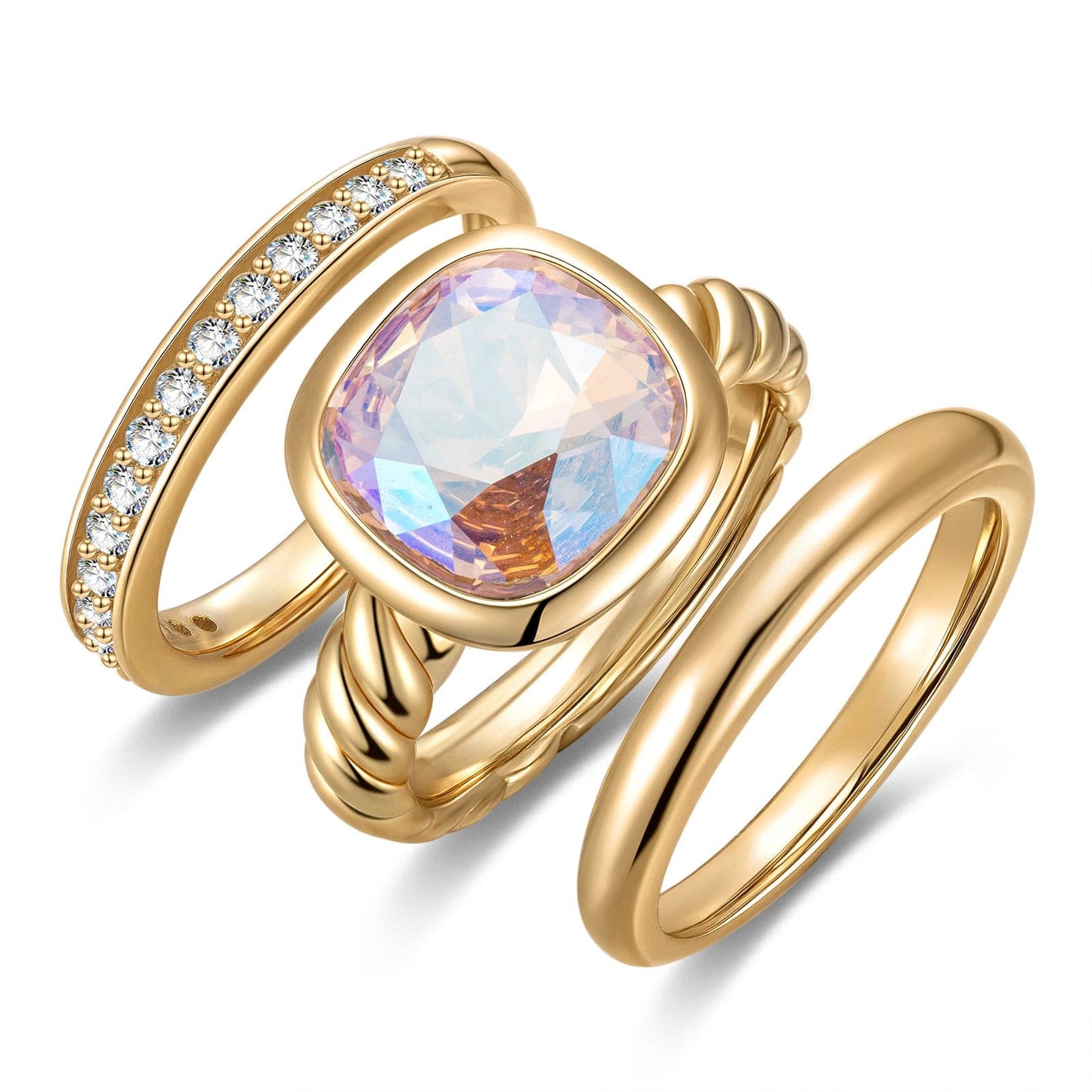 Created With Swarovski® Crystals - Cushion Modified Brilliant Cut Fancy Vivid Pink Classic Stackable Rings Set 14K Yellow Gold Plated