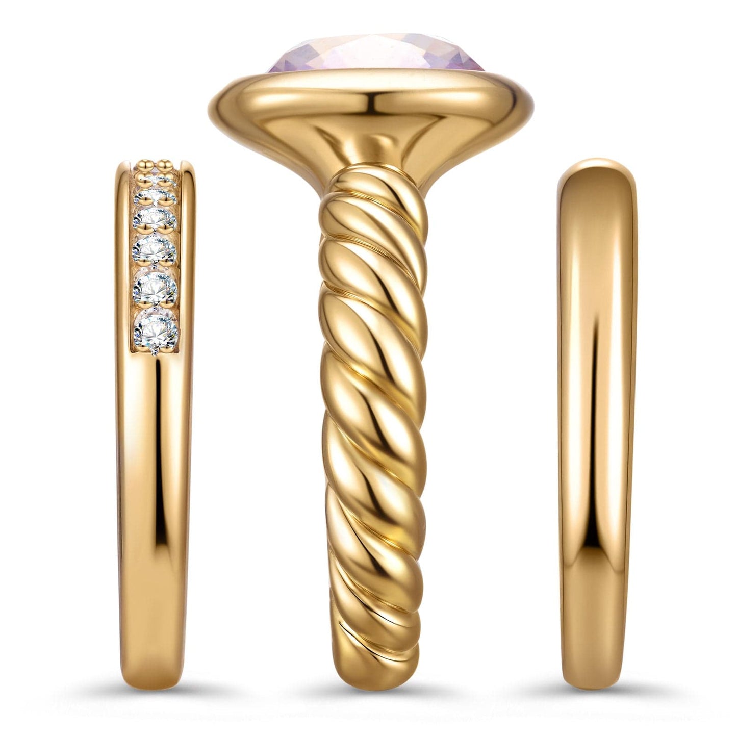 Created With Swarovski® Crystals - Cushion Modified Brilliant Cut Fancy Vivid Pink Classic Stackable Rings Set 14K Yellow Gold Plated