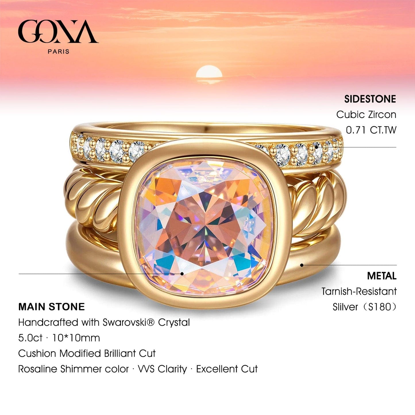 Created With Swarovski® Crystals - Cushion Modified Brilliant Cut Fancy Vivid Pink Classic Stackable Rings Set 14K Yellow Gold Plated