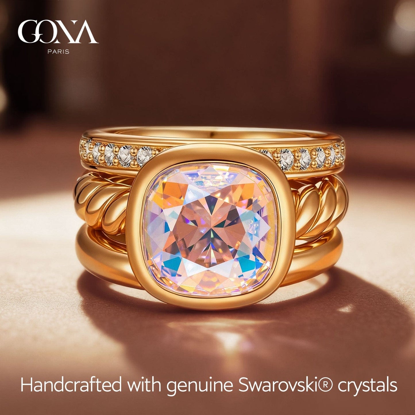 Created With Swarovski® Crystals - Cushion Modified Brilliant Cut Fancy Vivid Pink Classic Stackable Rings Set 14K Yellow Gold Plated