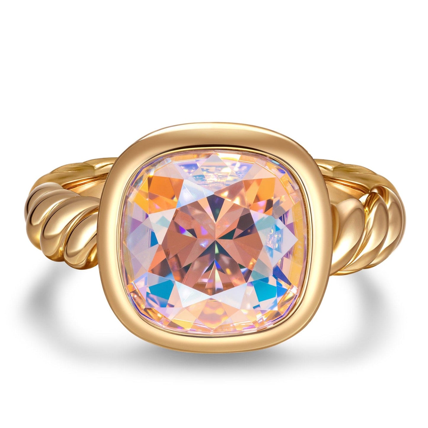 Created With Swarovski® Crystals - Cushion Modified Brilliant Cut Fancy Vivid Pink Classic Engagement Ring 14K Yellow Gold Plated