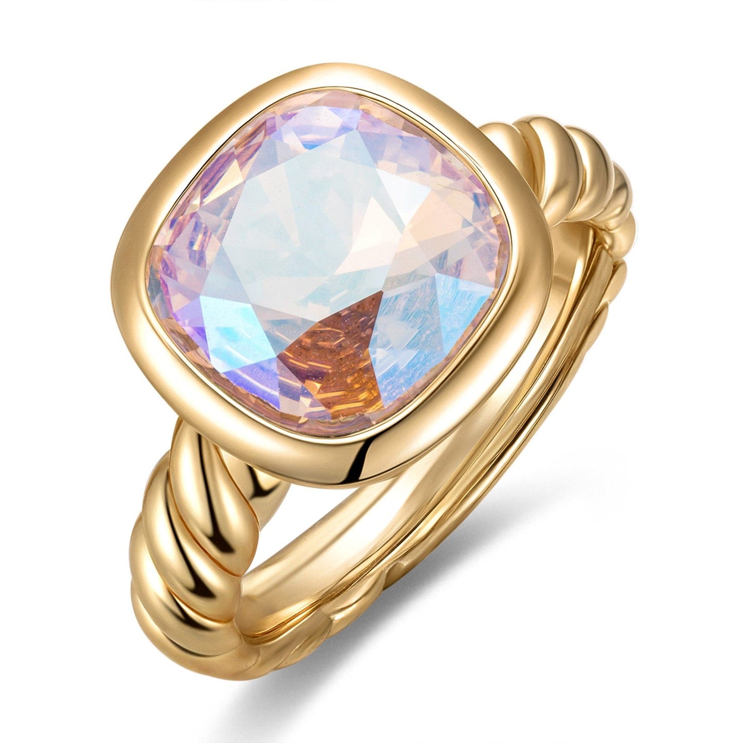 Created With Swarovski® Crystals - Cushion Modified Brilliant Cut Fancy Vivid Pink Classic Engagement Ring 14K Yellow Gold Plated