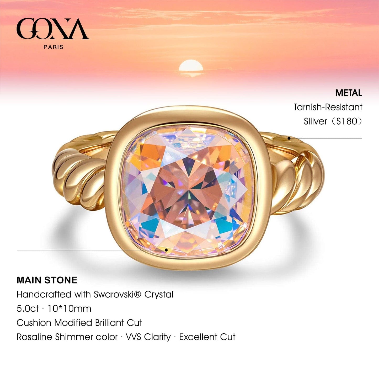 Created With Swarovski® Crystals - Cushion Modified Brilliant Cut Rosaline Shimmer Color Classic Engagement Ring 14K Yellow Gold Plated