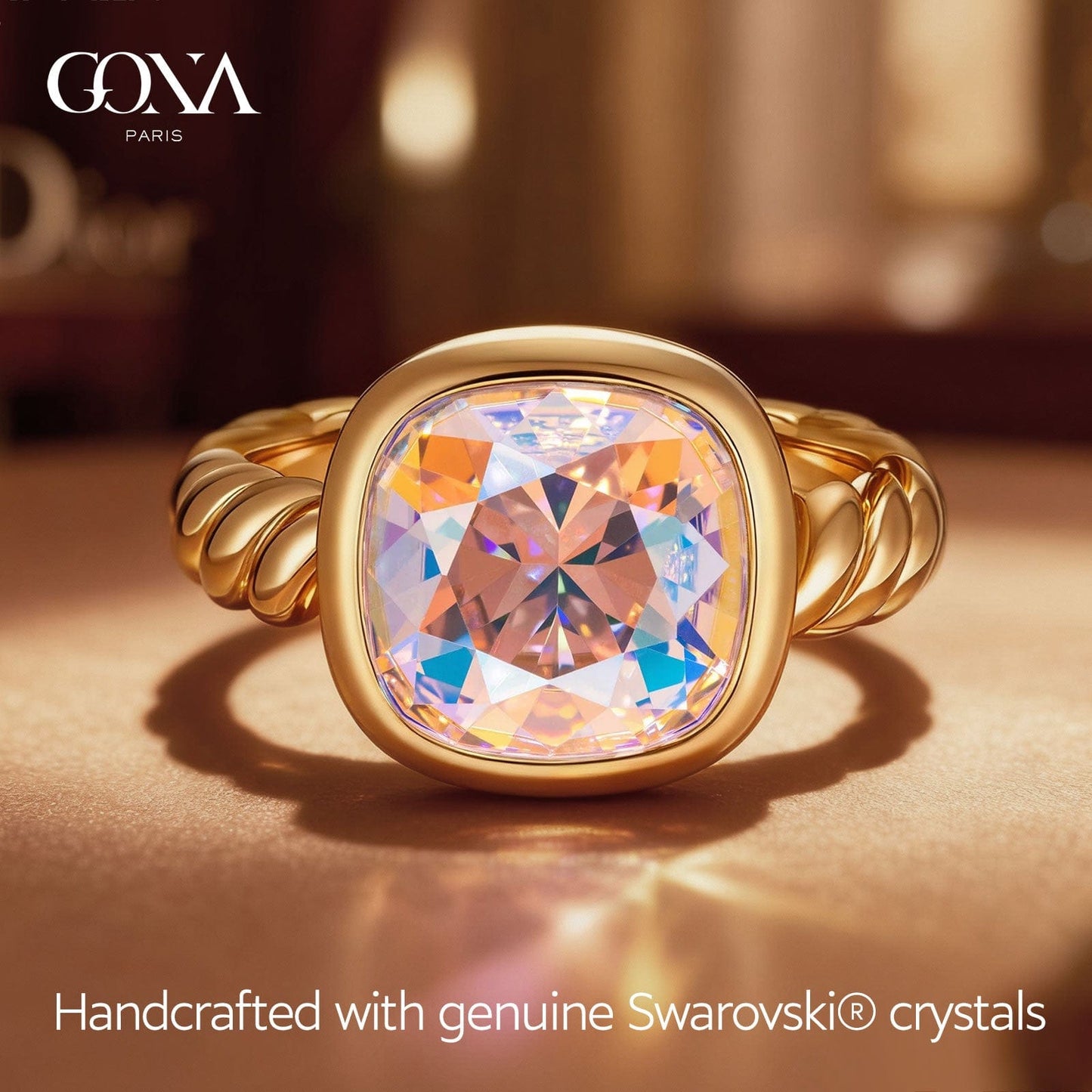 Created With Swarovski® Crystals - Cushion Modified Brilliant Cut Rosaline Shimmer Color Classic Engagement Ring 14K Yellow Gold Plated
