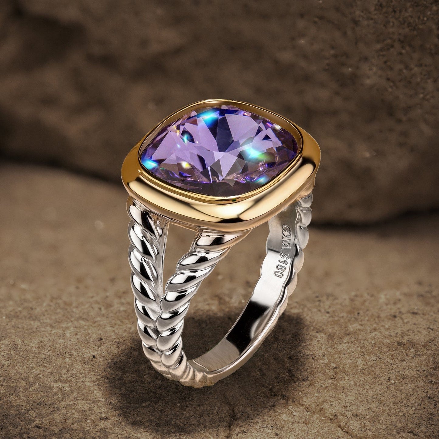 Created With Swarovski® Crystals - Cushion Modified Brilliant Cut Tanzanite Color Classic Engagement Ring Two-Tone Plating