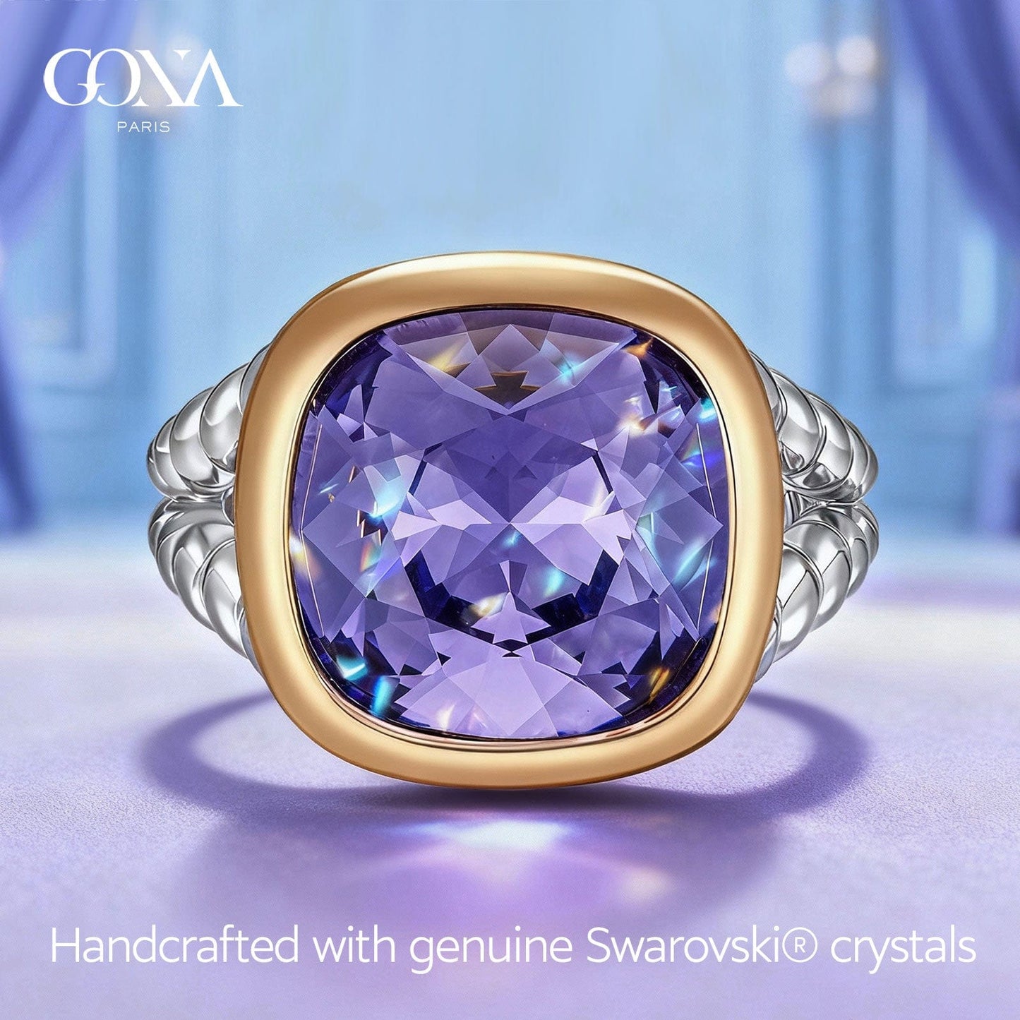 Created With Swarovski® Crystals - Cushion Modified Brilliant Cut Tanzanite Color Classic Engagement Ring Two-Tone Plating