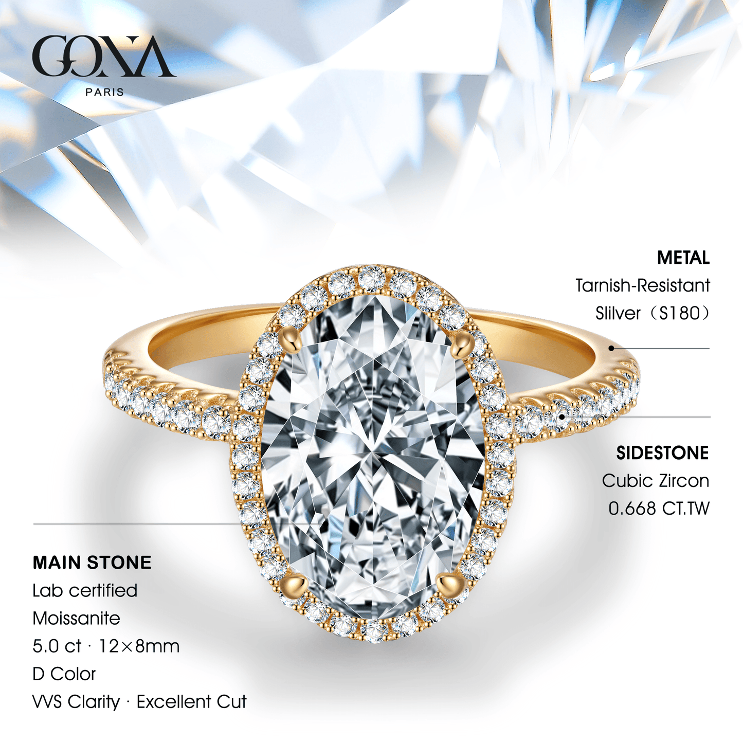Lab-Certified Oval Brilliant Cut Moissanite - Halo Classic Engagement Ring 14K Yellow Gold Plated (Includes GRA Certification from Gemological Research Association)