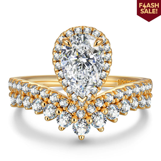gona- Lab-Certified Pear Brilliant Cut Moissanite - Halo Classic Engagement Ring 14K Yellow Gold Plated (Includes GRA Certification from Gemological Research Association)