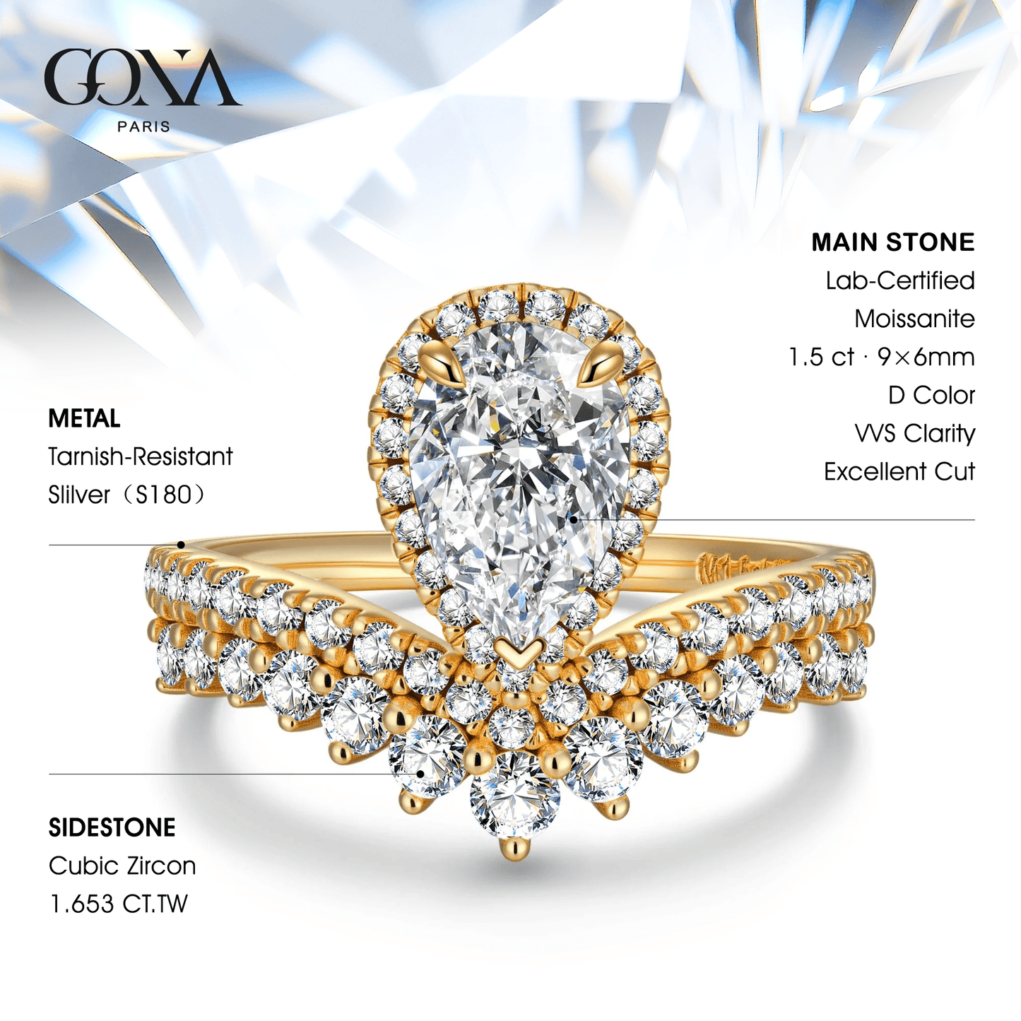 Lab-Certified Pear Brilliant Cut Moissanite - Halo Classic Engagement Ring 14K Yellow Gold Plated (Includes GRA Certification from Gemological Research Association)