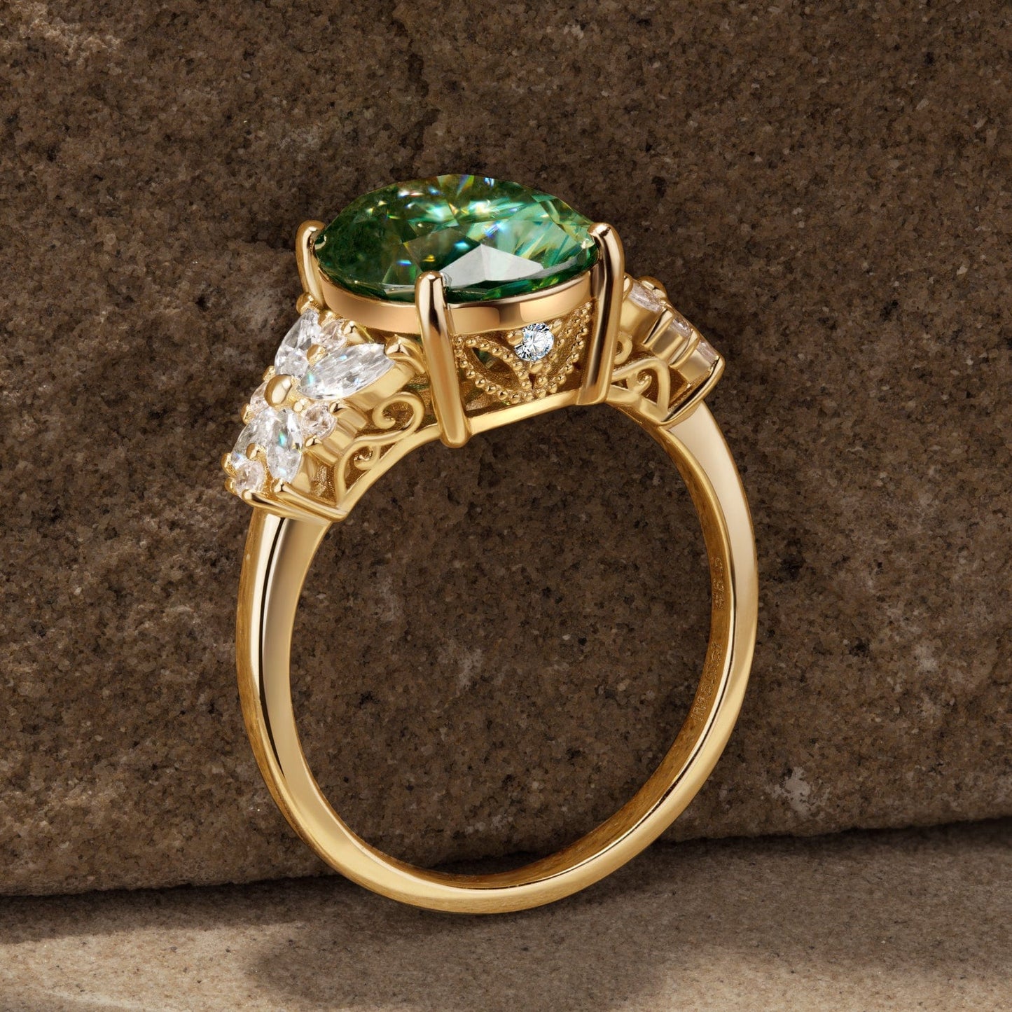 Oval Brilliant Cut Original Blue-Green Hue Lab-Certified Moissanite - Halo Classic Engagement Ring 14K Yellow Gold Plated (Includes GRA Certification from Gemological Research Association)