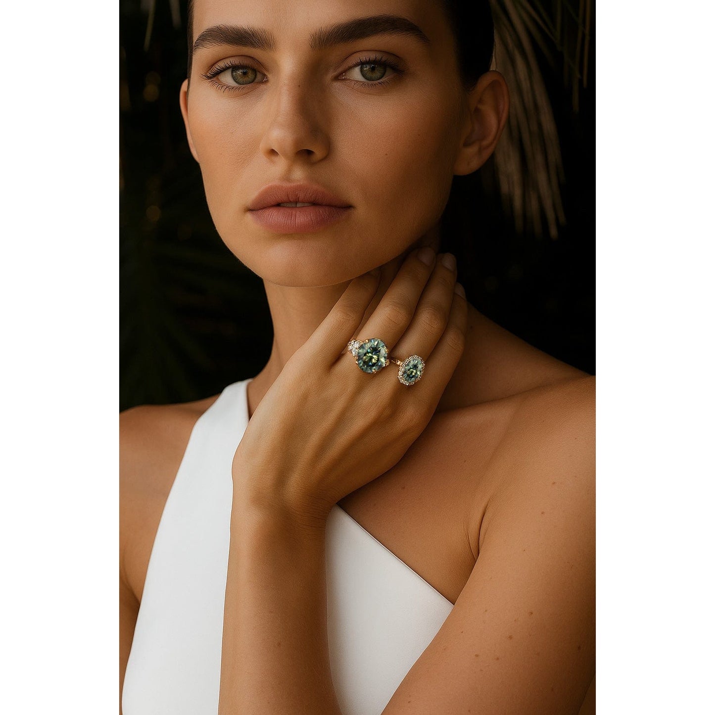 Oval Brilliant Cut Original Blue-Green Hue Lab-Certified Moissanite - Halo Classic Engagement Ring 14K Yellow Gold Plated (Includes GRA Certification from Gemological Research Association)
