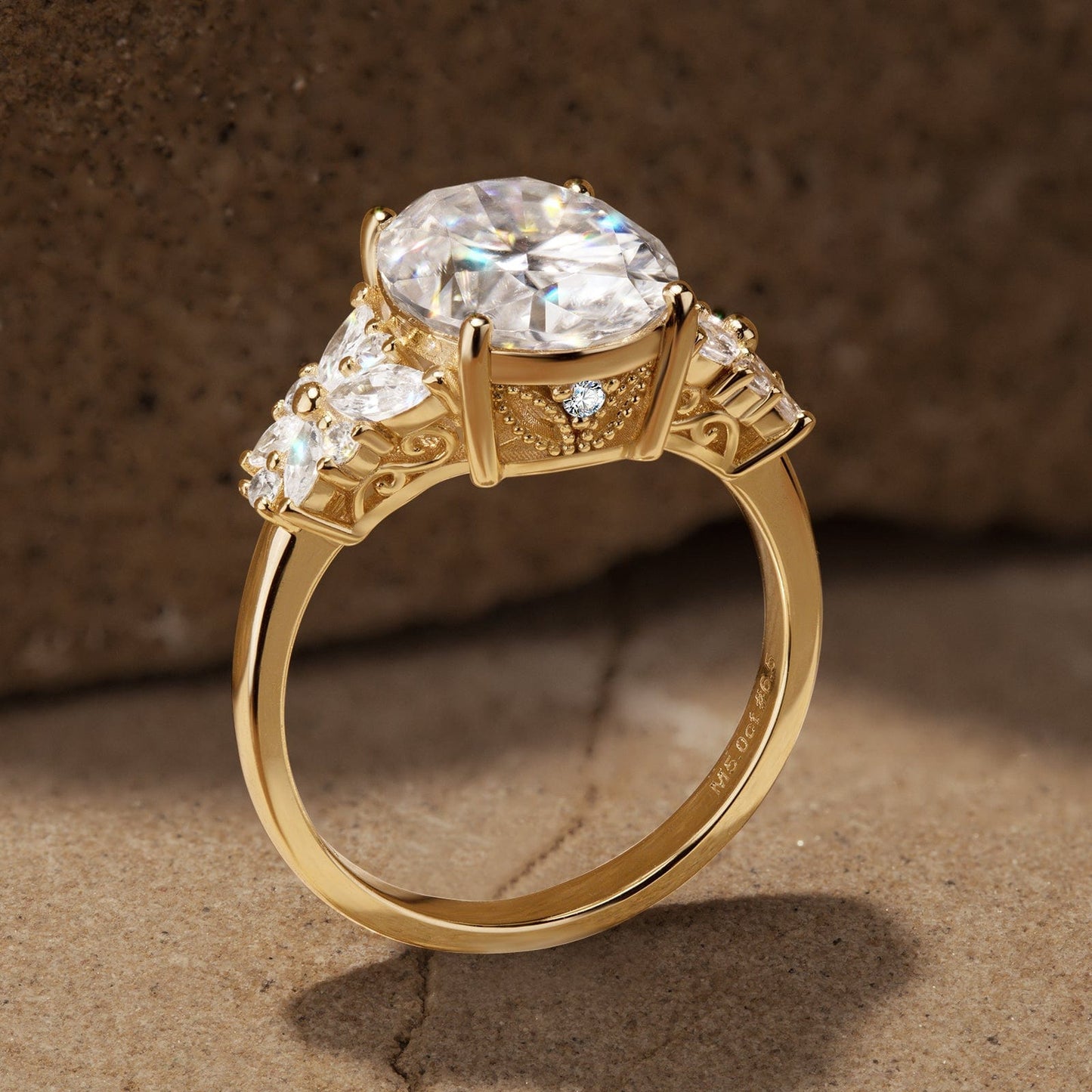 Oval Brilliant Cut Lab-Certified Moissanite - Halo Classic Engagement Ring 14K Yellow Gold Plated (Includes GRA Certification from Gemological Research Association)