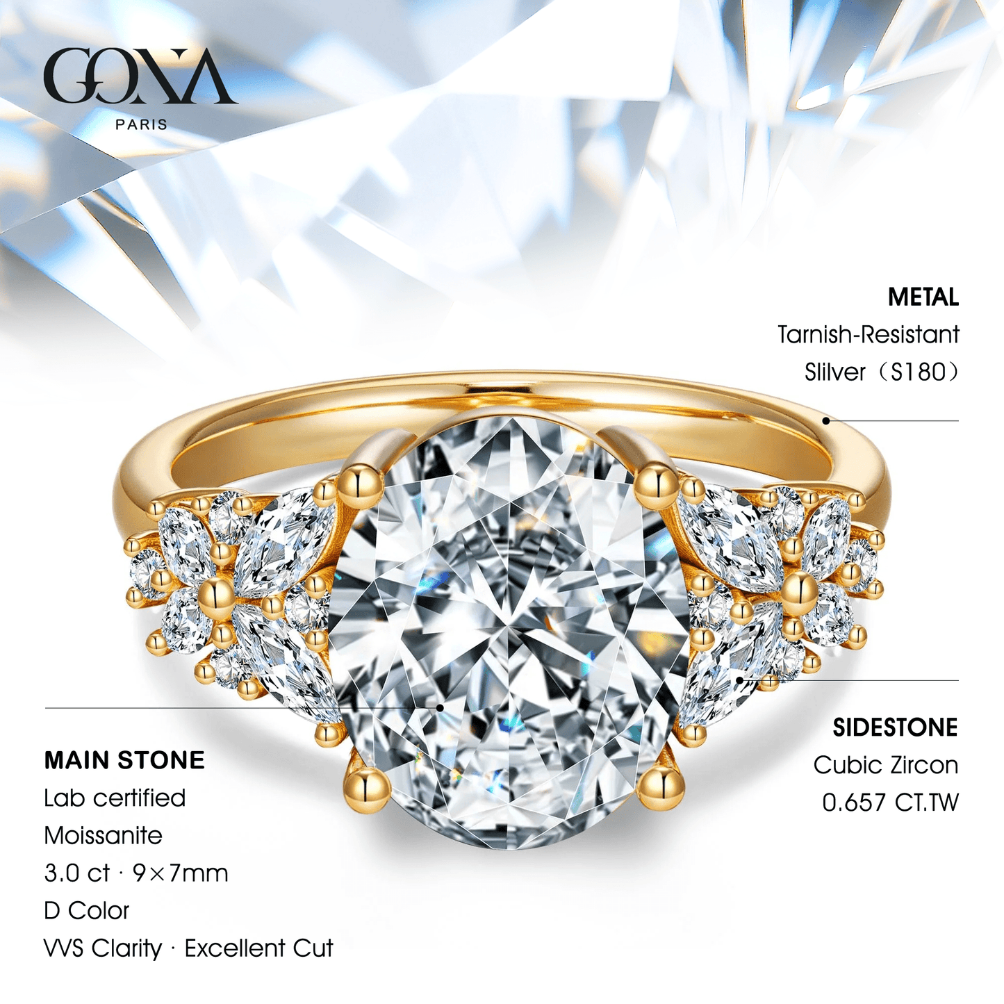 Oval Brilliant Cut Lab-Certified Moissanite - Halo Classic Engagement Ring 14K Yellow Gold Plated (Includes GRA Certification from Gemological Research Association)