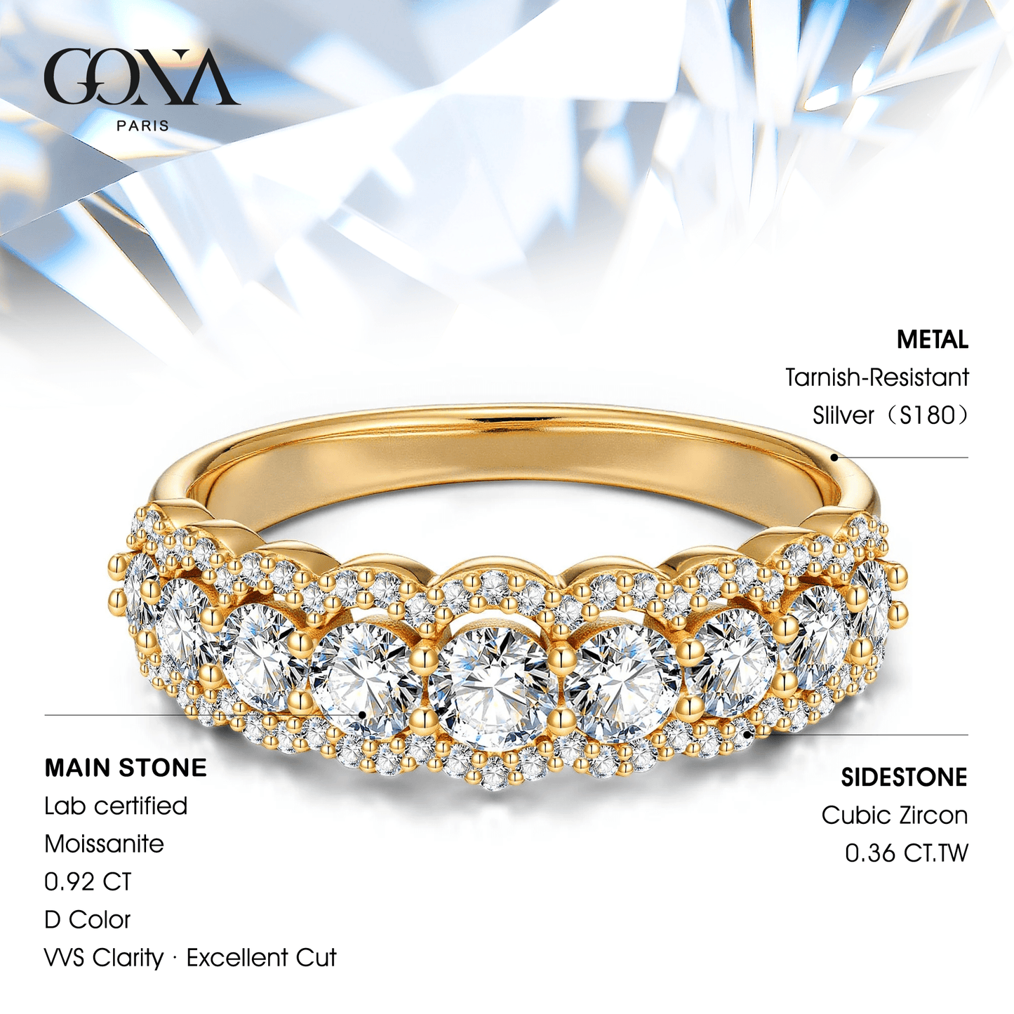 Lab-Certified Round Brilliant Cut Moissanite - Half Eternity Ring 14K Yellow Gold Plated (Includes GRA Certification from Gemological Research Association)