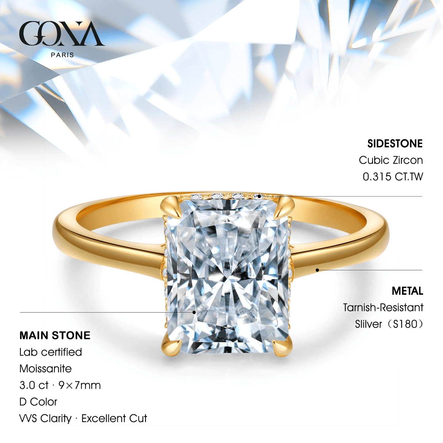 Lab-Certified Radiant Cut Moissanite - Hidden Halo Classic Engagement Ring 14K Yellow Gold Plated (Includes GRA Certification from Gemological Research Association)