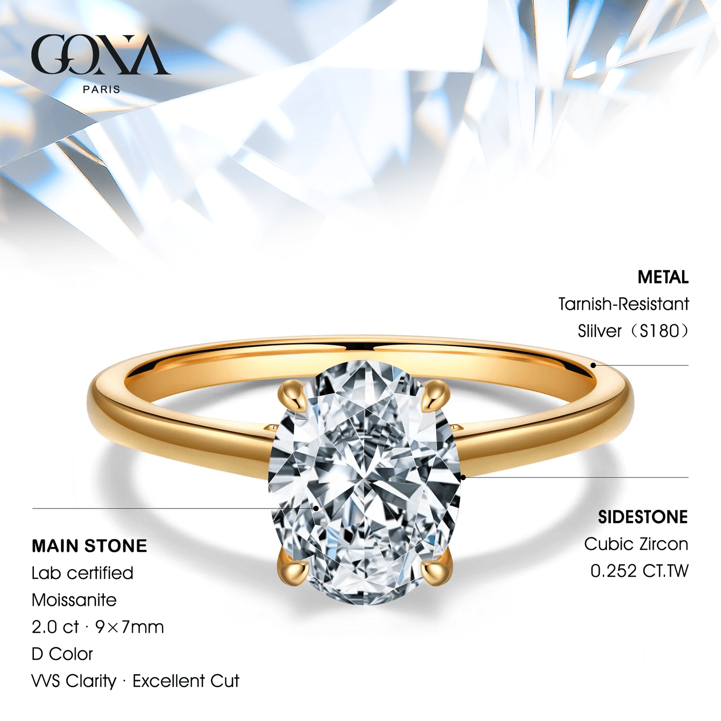 Lab-Certified Oval Brilliant Cut Moissanite - Hidden Halo Classic Engagement Ring 14K Yellow Gold Plated (Includes GRA Certification from Gemological Research Association)