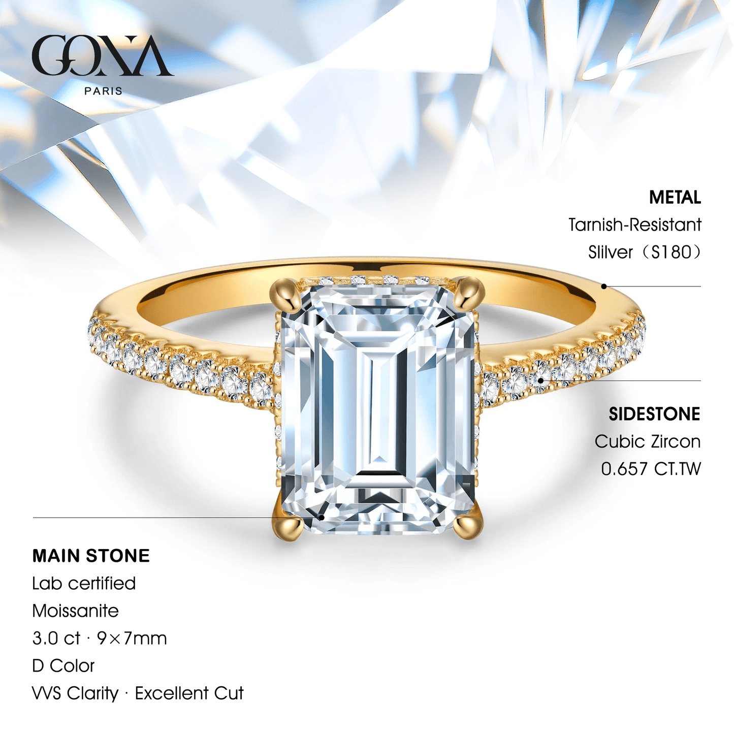 Lab-Certified Emerald Cut Moissanite - Hidden Halo Classic Engagement Ring 14K Yellow Gold Plated (Includes GRA Certification from Gemological Research Association)
