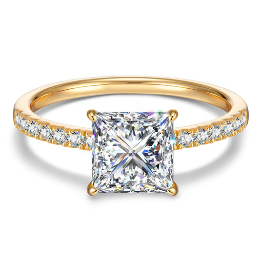 gona- Lab-Certified Princess Cut Moissanite - Hidden Halo Classic Engagement Ring 14K Yellow Gold Plated (Includes GRA Certification from Gemological Research Association)