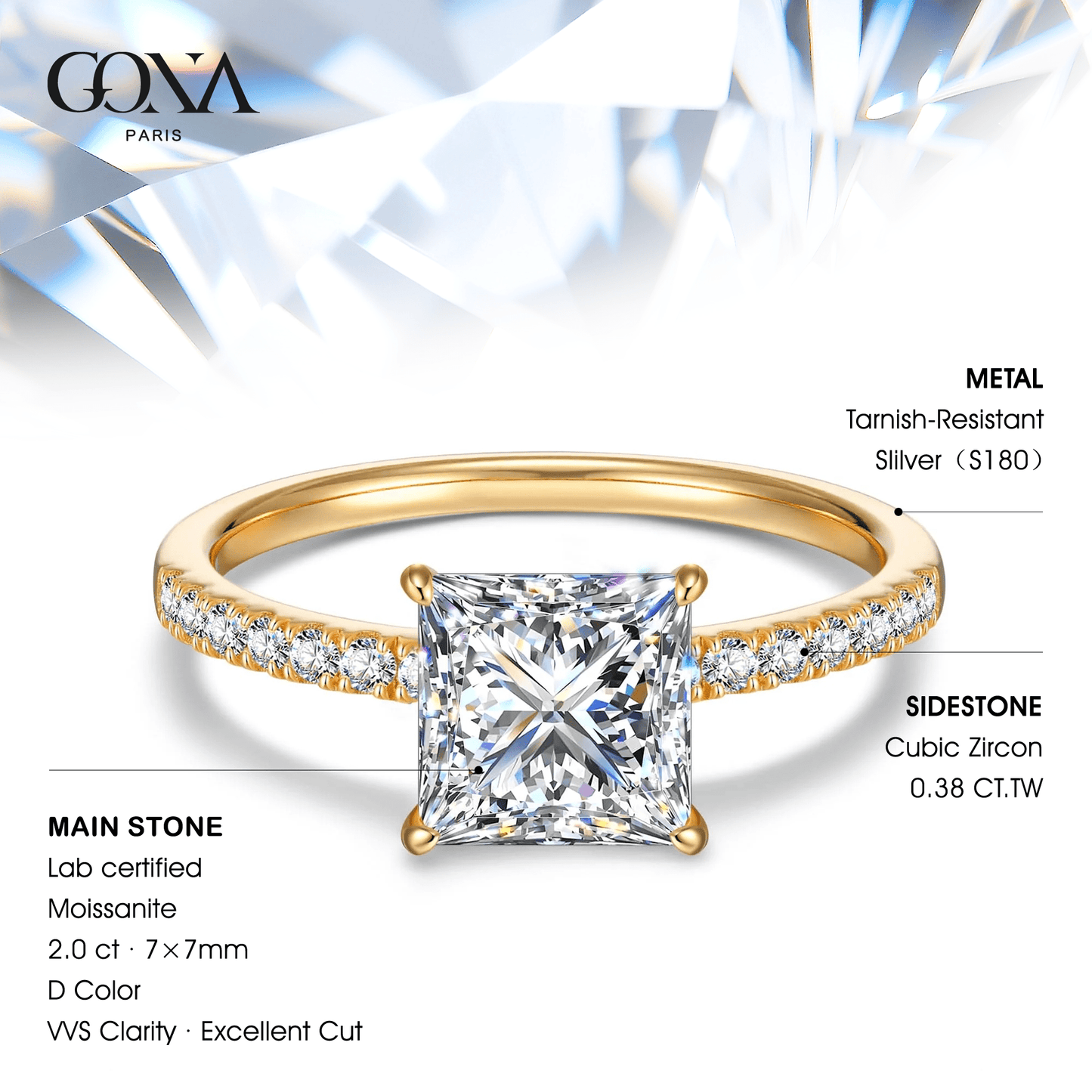 Lab-Certified Princess Cut Moissanite - Hidden Halo Classic Engagement Ring 14K Yellow Gold Plated (Includes GRA Certification from Gemological Research Association)
