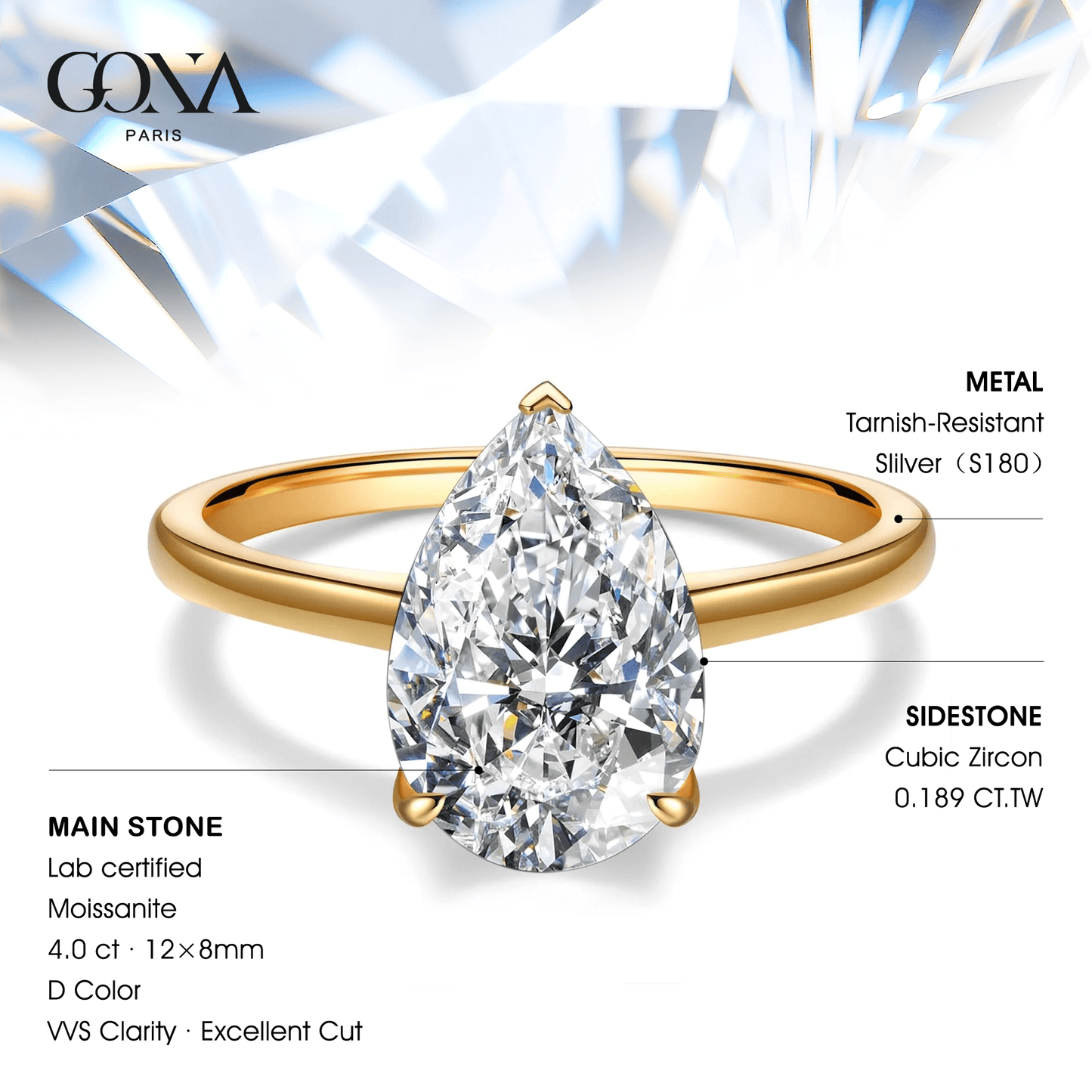 Lab-Certified Pear Brilliant Cut Moissanite - Hidden Halo Classic Engagement Ring 14K Yellow Gold Plated (Includes GRA Certification from Gemological Research Association)