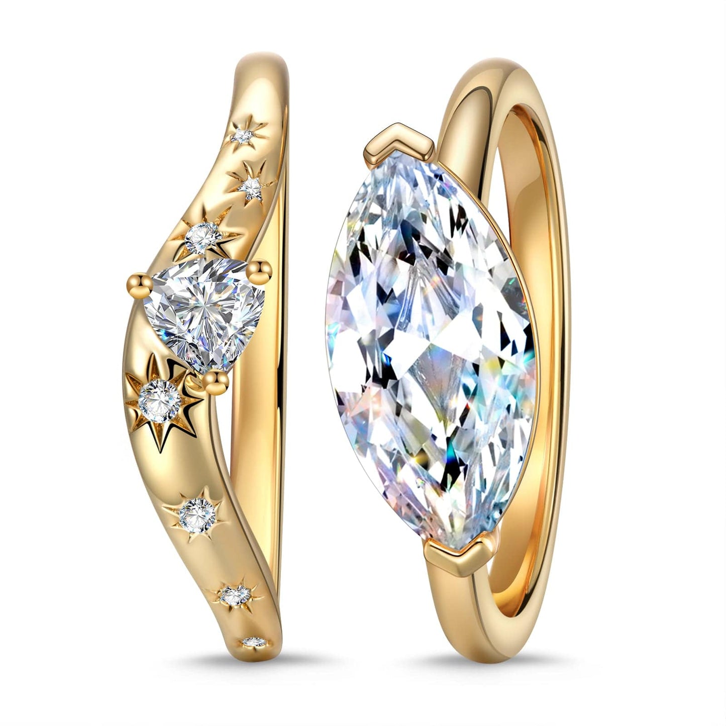 Lab-Certified Marquise Brilliant Cut Moissanite - Classic Stackable Ring Sets 14K Yellow Gold Plated (Includes GRA Certification from Gemological Research Association)
