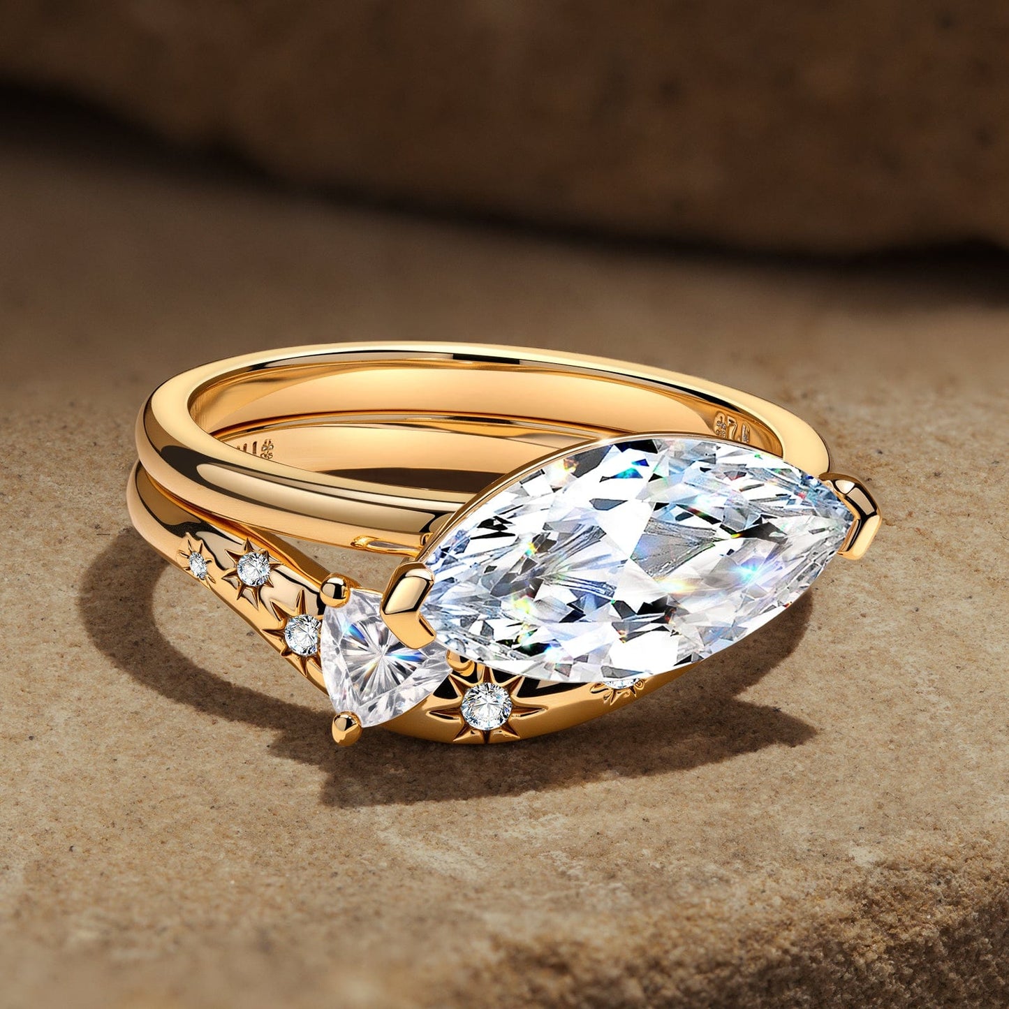 Lab-Certified Marquise Brilliant Cut Moissanite - Classic Stackable Ring Sets 14K Yellow Gold Plated (Includes GRA Certification from Gemological Research Association)