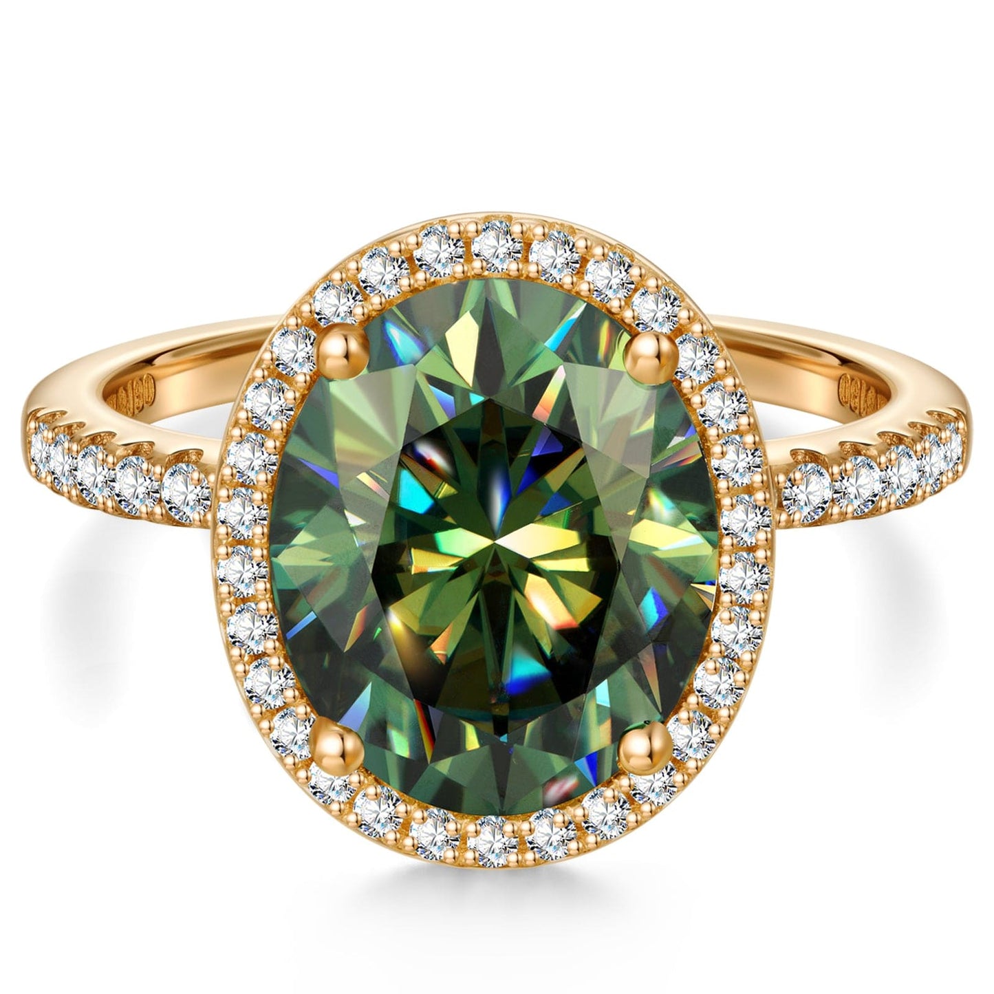 Oval Brilliant Cut Original Blue-Green Hue Lab-Certified Moissanite - Halo Classic Engagement Ring 14K Yellow Gold Plated (Includes GRA Certification from Gemological Research Association)