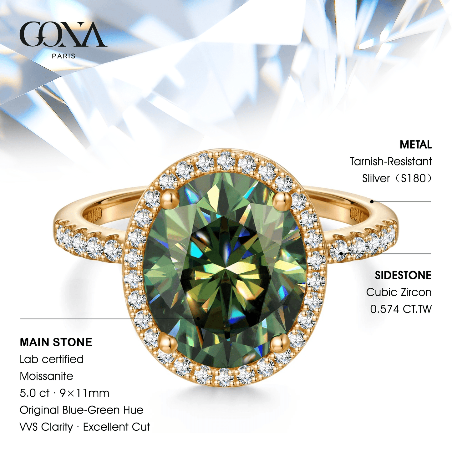 Oval Brilliant Cut Original Blue-Green Hue Lab-Certified Moissanite - Halo Classic Engagement Ring 14K Yellow Gold Plated (Includes GRA Certification from Gemological Research Association)