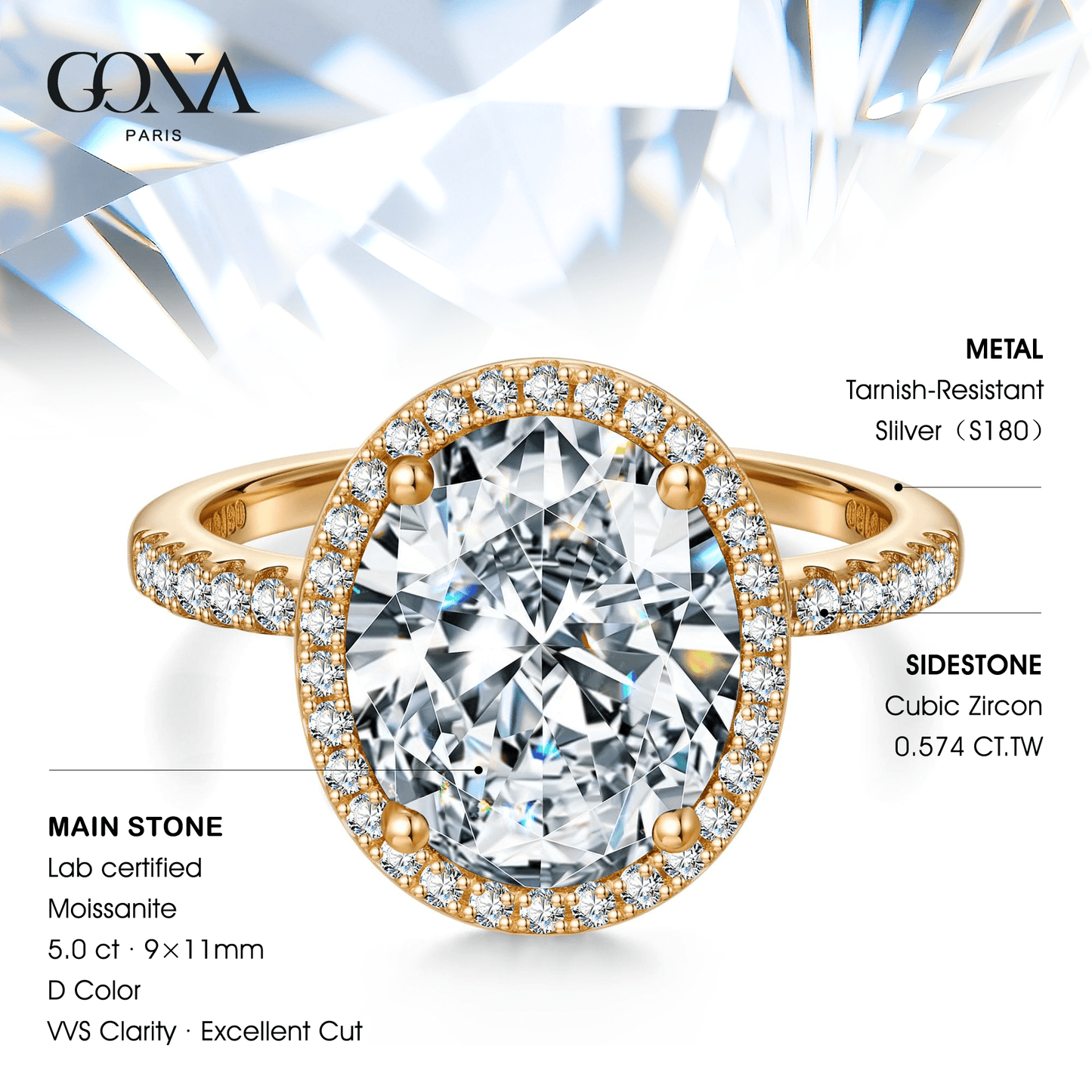 Oval Brilliant Cut Lab-Certified Moissanite - Halo Classic Engagement Ring 14K Yellow Gold Plated (Includes GRA Certification from Gemological Research Association)