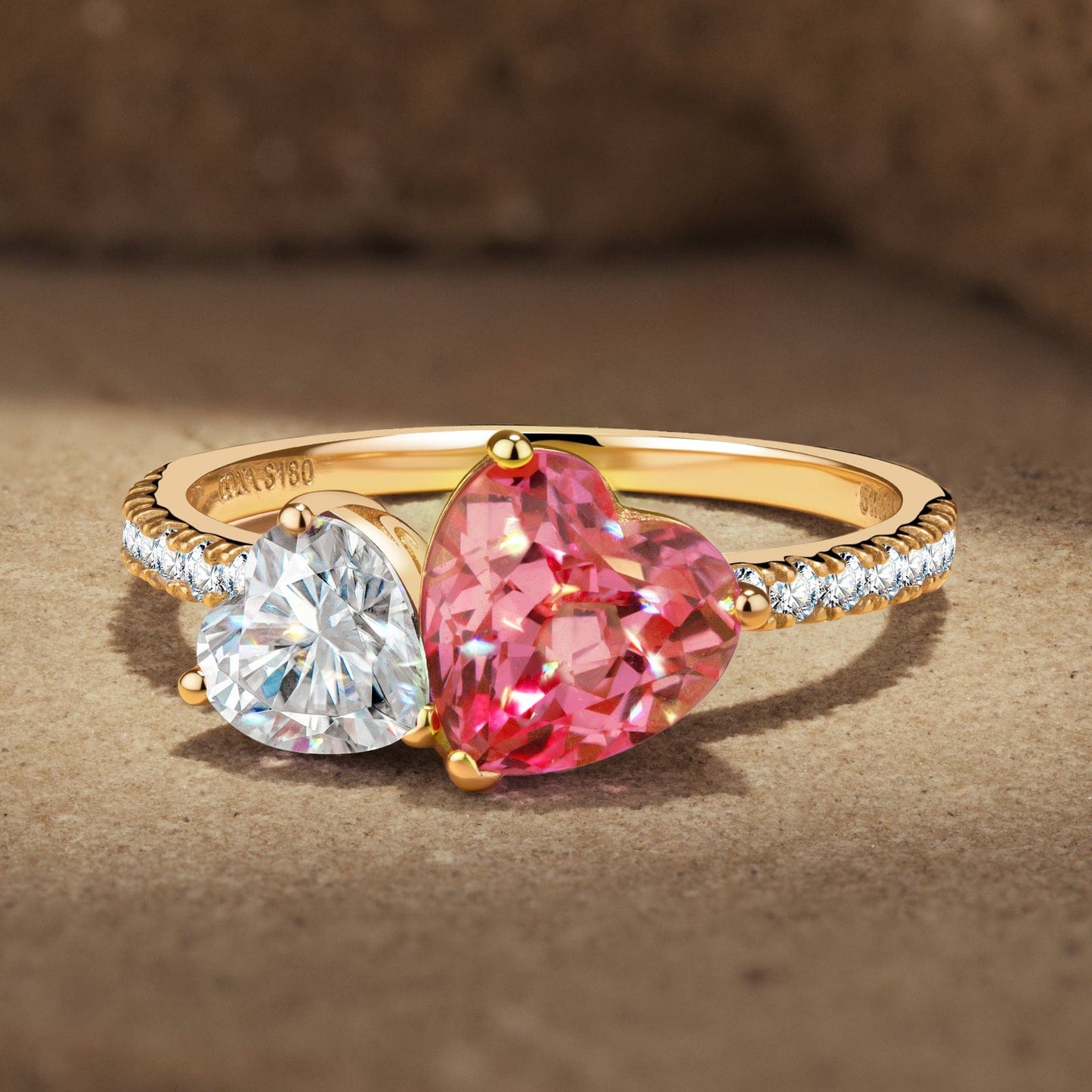 Heart Brilliant Cut Fancy Vivid Sunset Peach Hue Lab-Certified Padparadscha Sapphire and Heart Brilliant Cut Lab-Certified Moissanite - Two Stone Classic Engagement Ring 14K Yellow Gold Plated (Includes GRC Certification from Gemstone Research Center)