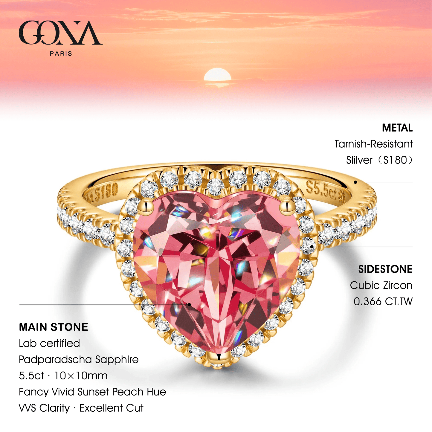 Heart Brilliant Cut Fancy Vivid Sunset Peach Hue Lab-Certified Padparadscha Sapphire - Halo Classic Engagement Ring 14K Yellow Gold Plated (Includes GRC Certification from Gemstone Research Center)