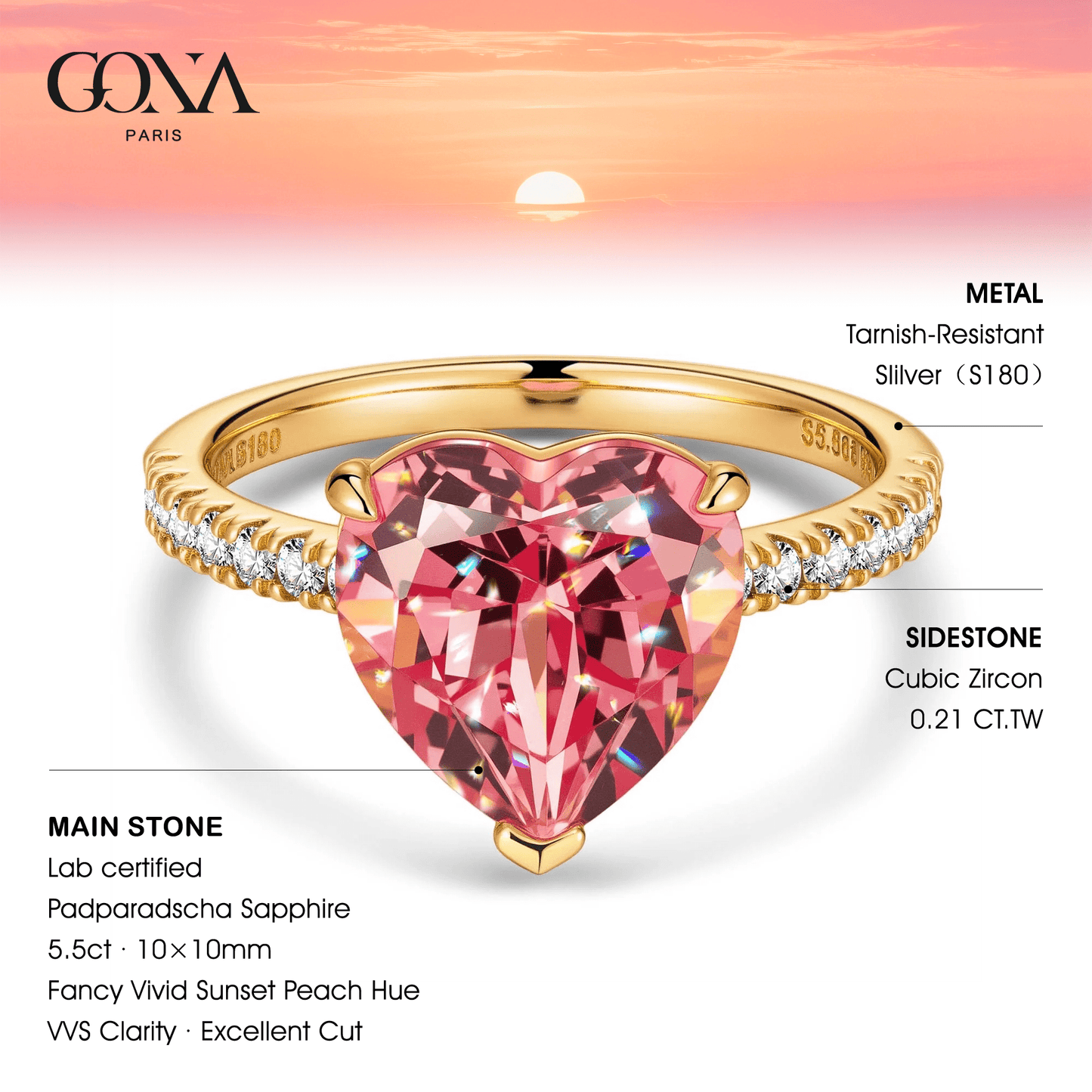 Heart Brilliant Cut Fancy Vivid Sunset Peach Hue Lab-Certified Padparadscha Sapphire - Halo Classic Engagement Ring 14K Yellow Gold Plated (Includes GRC Certification from Gemstone Research Center)