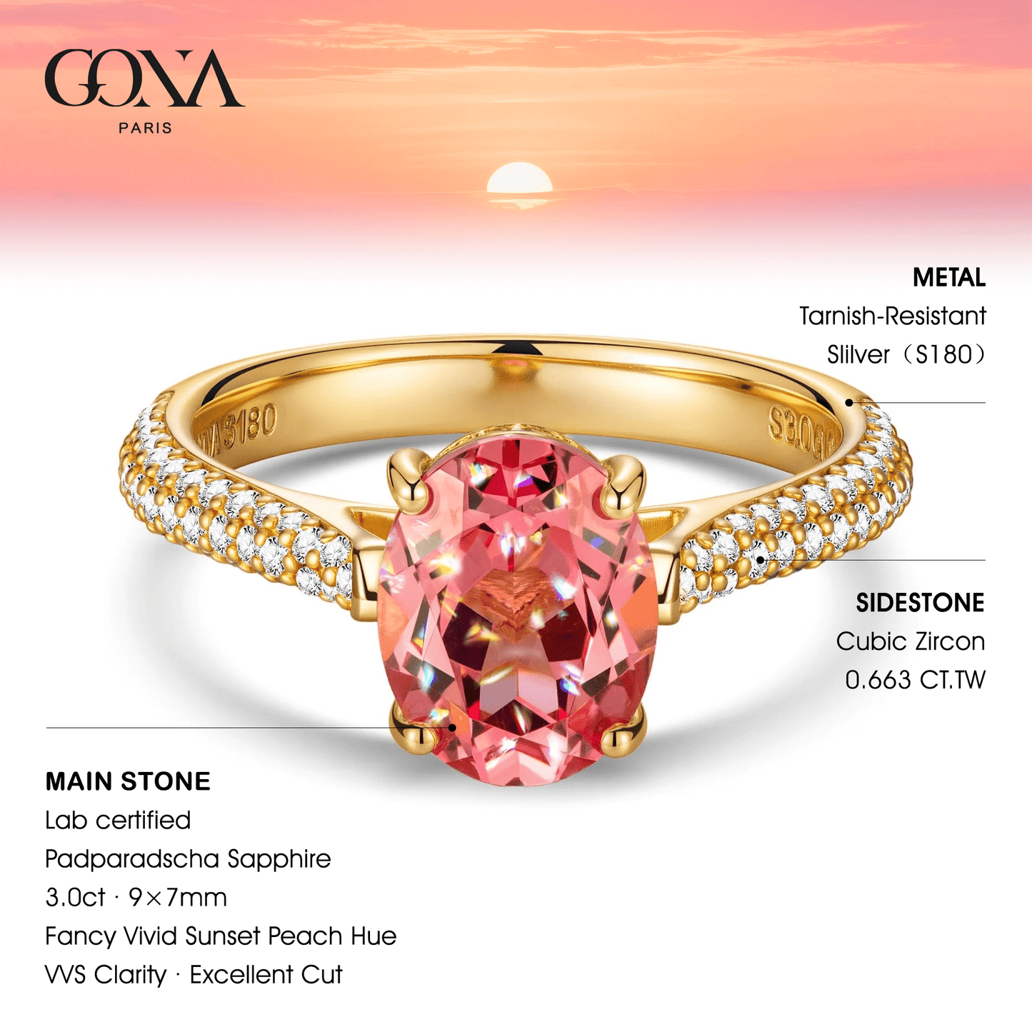 Oval Brilliant Cut Fancy Vivid Sunset Peach Hue Lab-Certified Padparadscha Sapphire - Halo Classic Engagement Ring 14K Yellow Gold Plated (Includes GRC Certification from Gemstone Research Center)