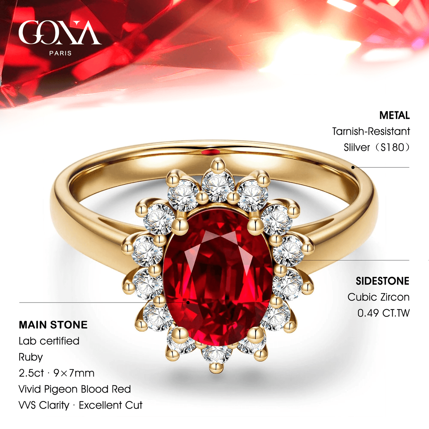 Oval Brilliant Cut Vivid Pigeon Blood Red Lab-Certified Ruby - Halo Classic Engagement Ring 14K Yellow Gold Plated (Includes GRC Certification from Gemstone Research Center)