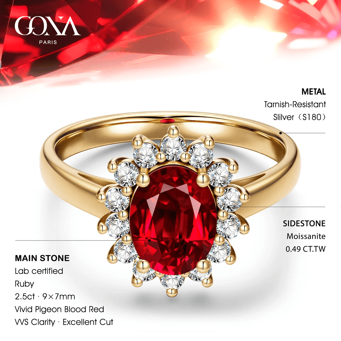 Oval Brilliant Cut Vivid Pigeon Blood Red Lab-Certified Ruby - Halo Classic Engagement Ring 14K Yellow Gold Plated (Includes GRC Certification from Gemstone Research Center)