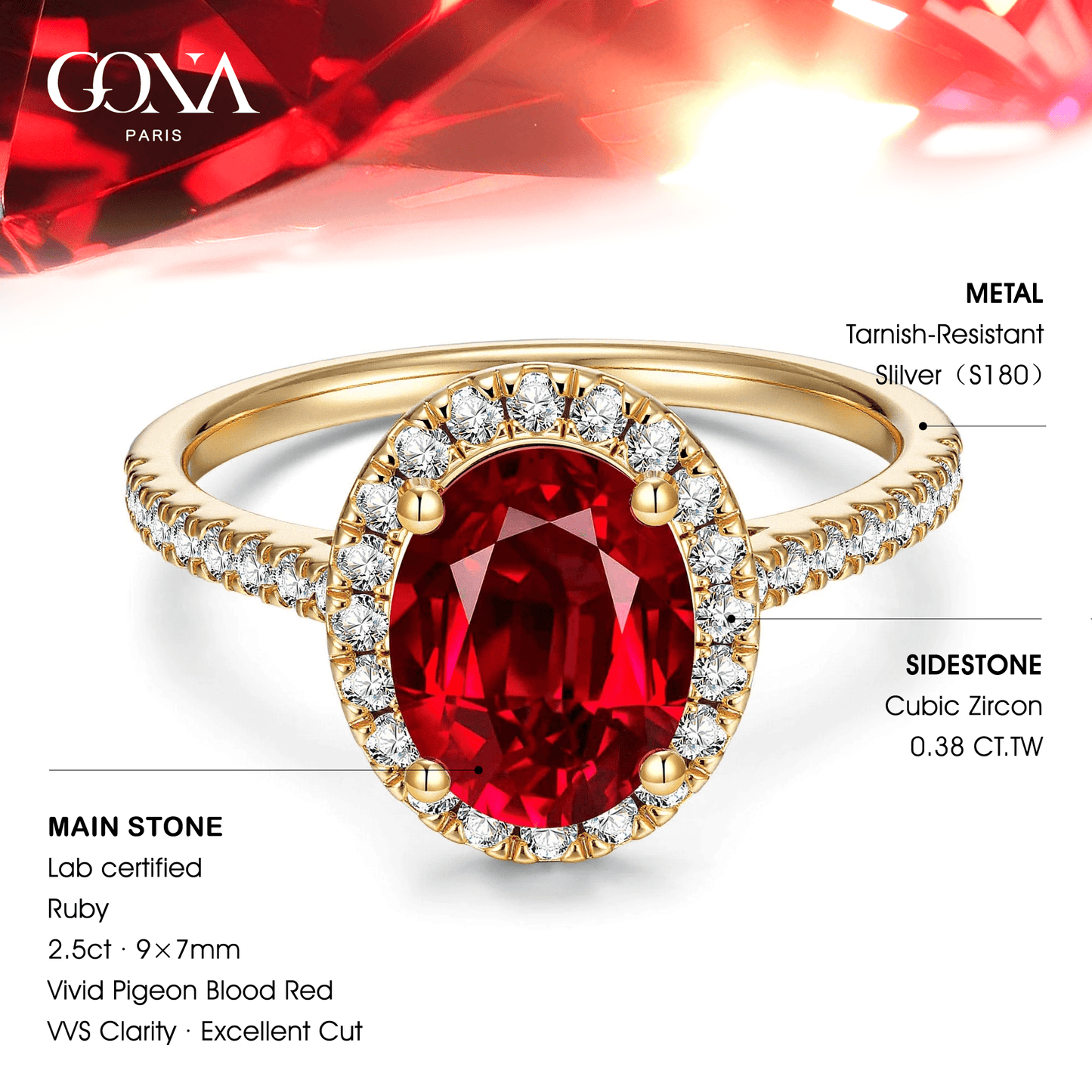 Oval Brilliant Cut Vivid Pigeon Blood Red Lab-Certified Ruby - Halo Classic Engagement Ring 14K Yellow Gold Plated (Includes GRC Certification from Gemstone Research Center)
