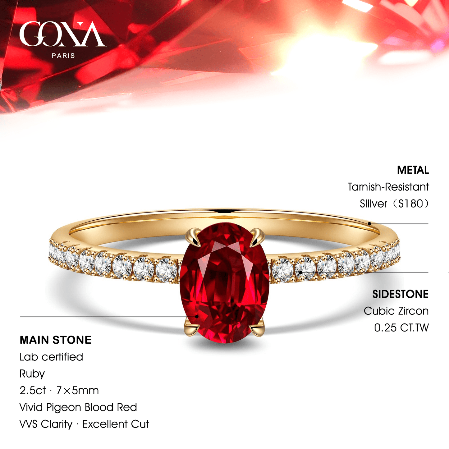 Oval Brilliant Cut Vivid Pigeon Blood Red Lab-Certified Ruby - Pave Classic Engagement Ring 14K Yellow Gold Plated (Includes GRC Certification from Gemstone Research Center)