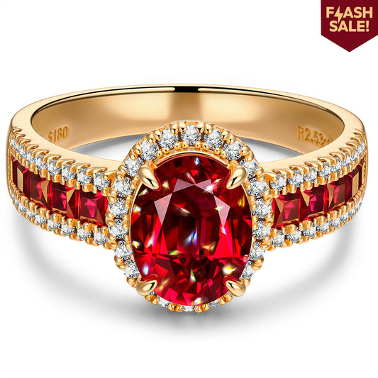 gona- Oval Brilliant Cut Vivid Pigeon Blood Red Lab-Certified Ruby - Halo Classic Engagement Ring 14K Yellow Gold Plated (Includes GRC Certification from Gemstone Research Center)