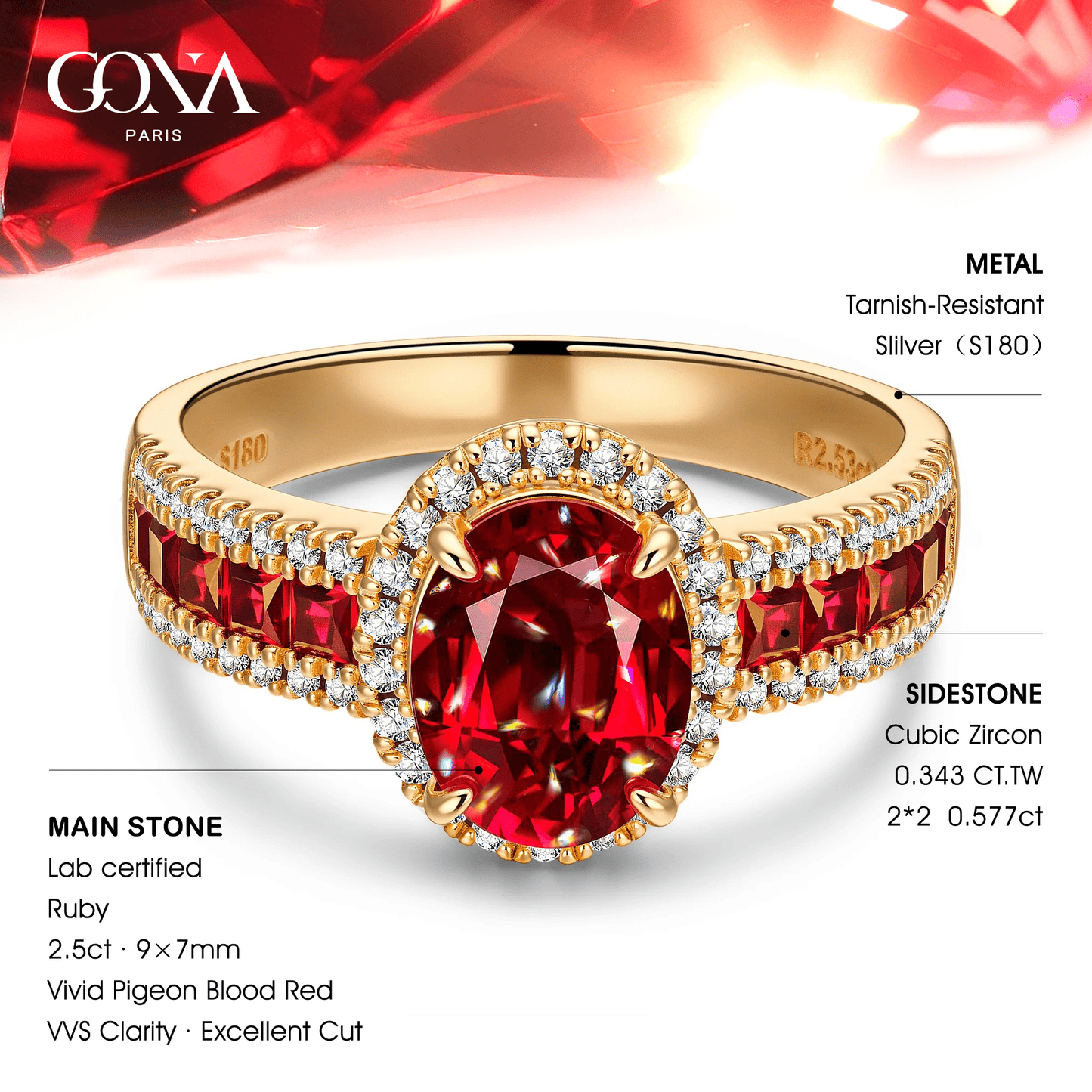 Oval Brilliant Cut Vivid Pigeon Blood Red Lab-Certified Ruby - Halo Classic Engagement Ring 14K Yellow Gold Plated (Includes GRC Certification from Gemstone Research Center)
