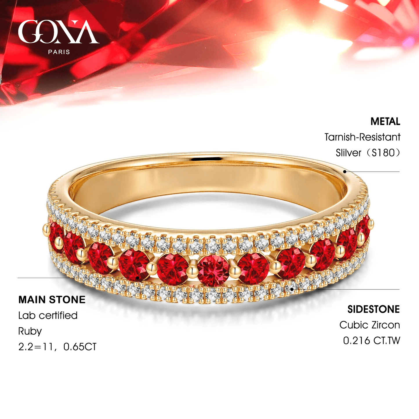 Round Brilliant Cut Vivid Pigeon Blood Red Lab-Certified Ruby - Half Eternity Ring 14K Yellow Gold Plated (Includes GRC Certification from Gemstone Research Center)