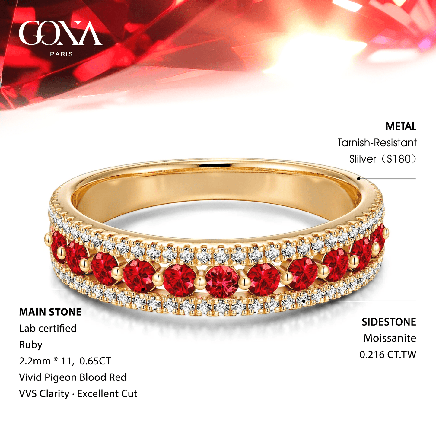 Round Brilliant Cut Vivid Pigeon Blood Red Lab-Certified Ruby - Half Eternity Ring 14K Yellow Gold Plated (Includes GRC Certification from Gemstone Research Center)