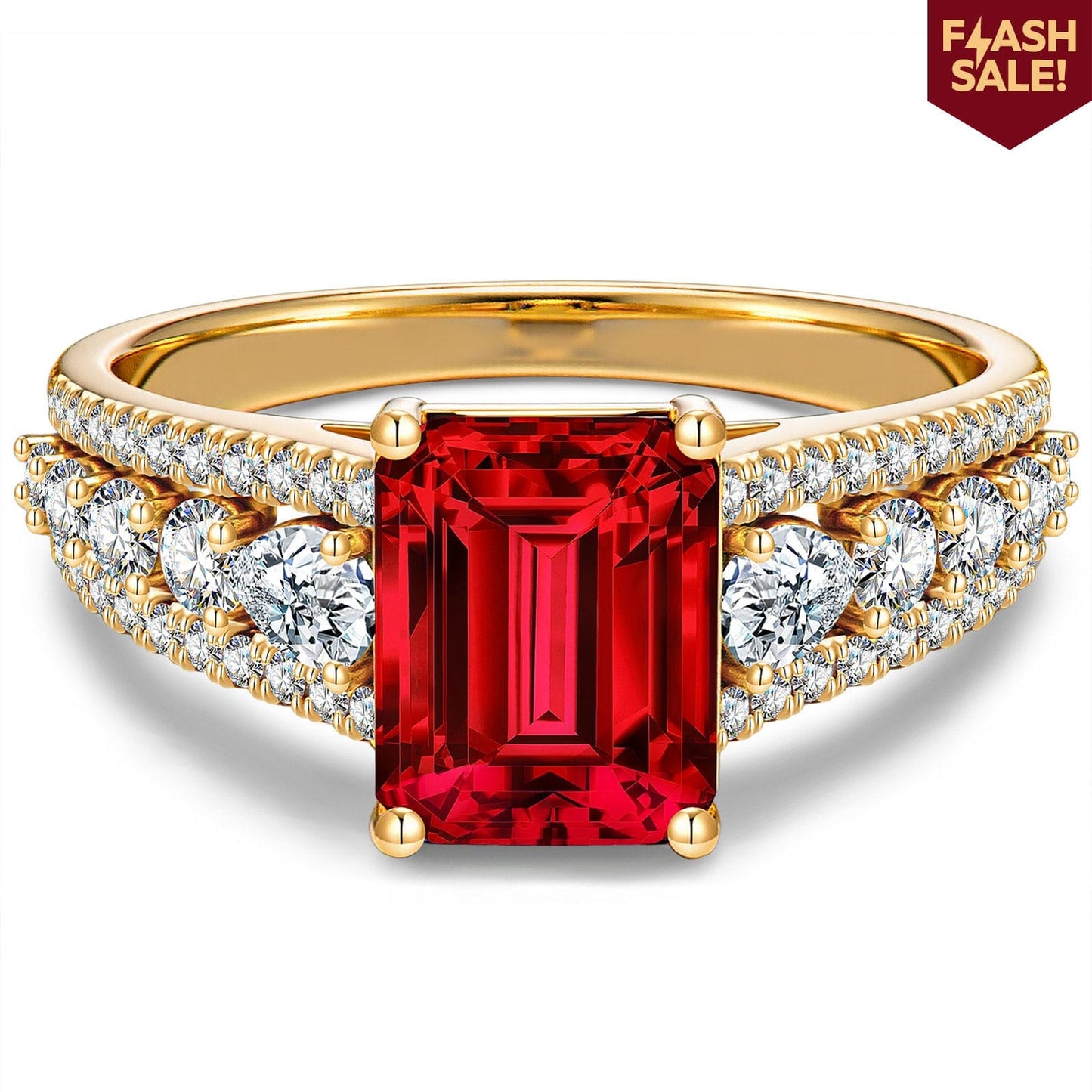Emerald-Cut Vivid Pigeon Blood Red Lab-Certified Ruby - Pave Classic Engagement Ring 14K Yellow Gold Plated (Includes GRC Certification from Gemstone Research Center)