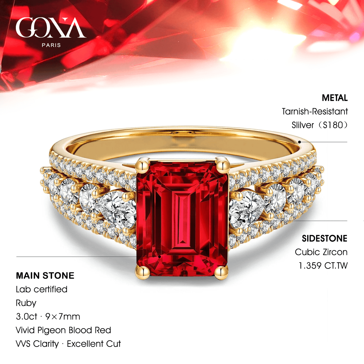 Emerald-Cut Vivid Pigeon Blood Red Lab-Certified Ruby - Pave Classic Engagement Ring 14K Yellow Gold Plated (Includes GRC Certification from Gemstone Research Center)