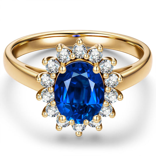 gona- Oval Brilliant Cut Royal Blue Hue Lab-Certified Blue Sapphire - Halo Classic Engagement Ring 14K Yellow Gold Plated (Includes GRC Certification from Gemstone Research Center)